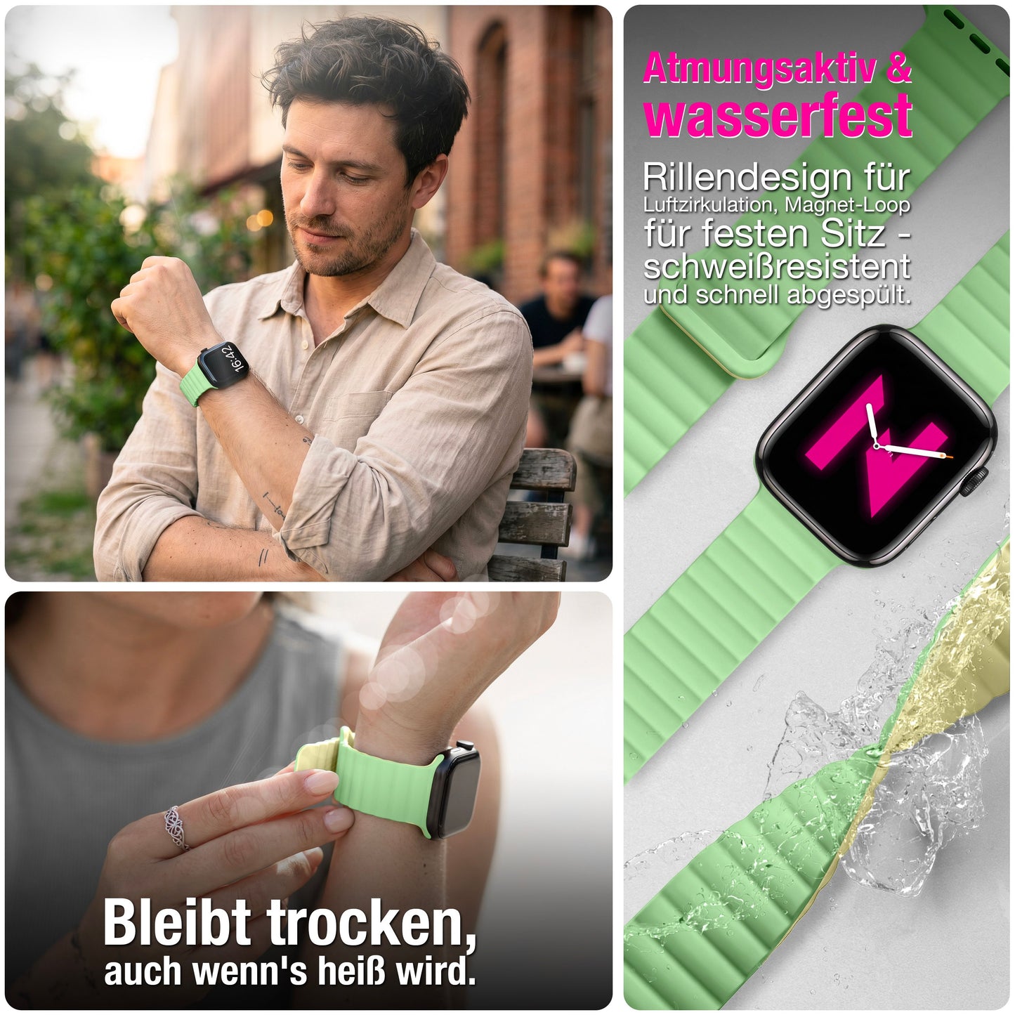 NALIA Core Magnet Armband kompatibel mit Apple Watch SE & iWatch Series 10 9 8 7 6 5 4 3 2 1, 38/40/41/42mm, Atmungsaktives Silikon Loop, Sportarmband mit Rillen Design