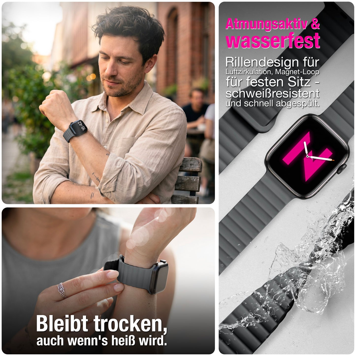 NALIA Core Magnet Armband kompatibel mit Apple Watch Series Ultra/SE/10/9/8/7/6/5/4/3/2/1 – 42/44/45/46/49mm, Atmungsaktives Silikon Loop, Sportarmband mit Rillendesign