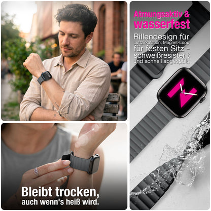 NALIA Core Magnet Armband kompatibel mit Apple Watch Series Ultra/SE/10/9/8/7/6/5/4/3/2/1 – 42/44/45/46/49mm, Atmungsaktives Silikon Loop, Sportarmband mit Rillendesign