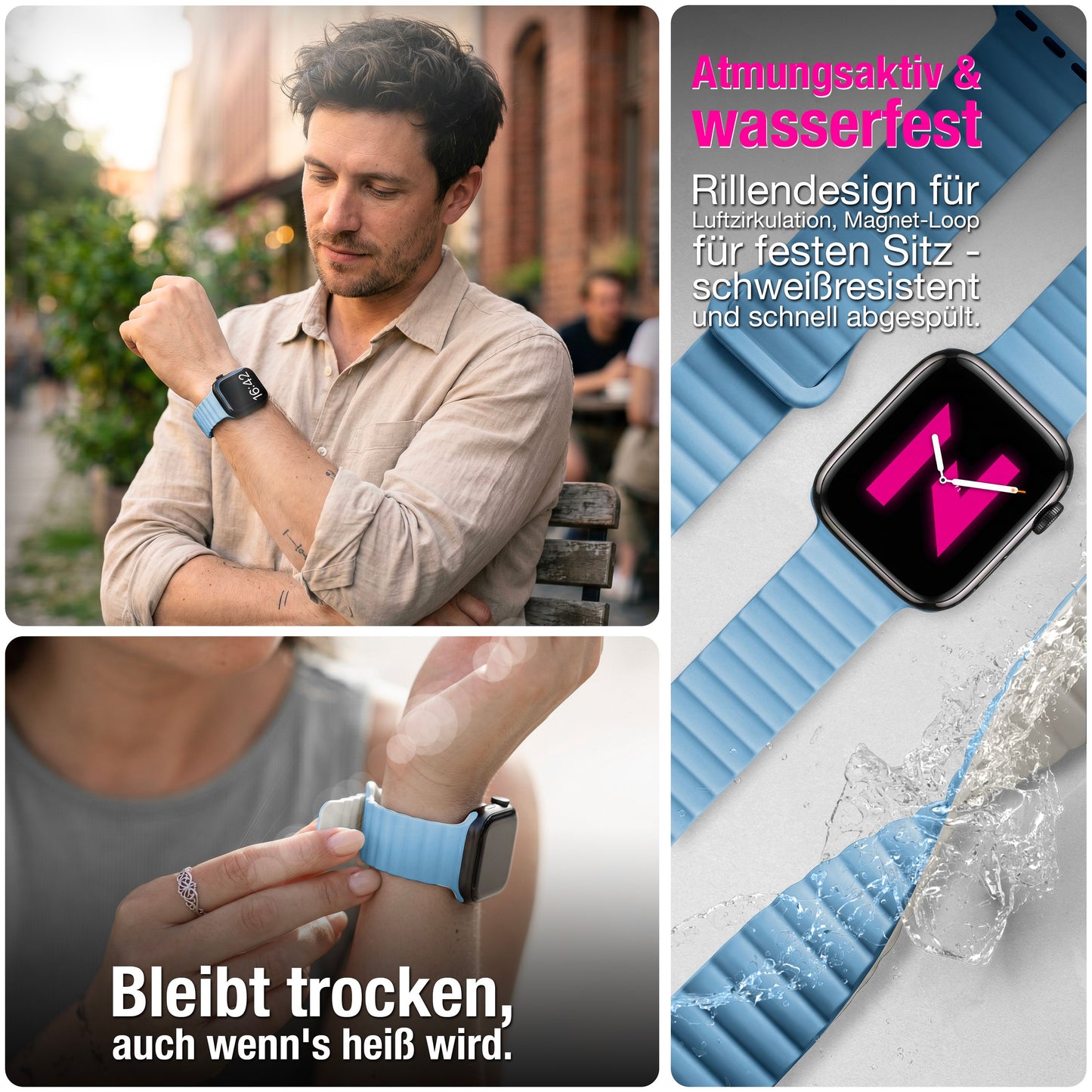 NALIA Core Magnet Armband kompatibel mit Apple Watch Series Ultra/SE/10/9/8/7/6/5/4/3/2/1 – 42/44/45/46/49mm, Atmungsaktives Silikon Loop, Sportarmband mit Rillendesign
