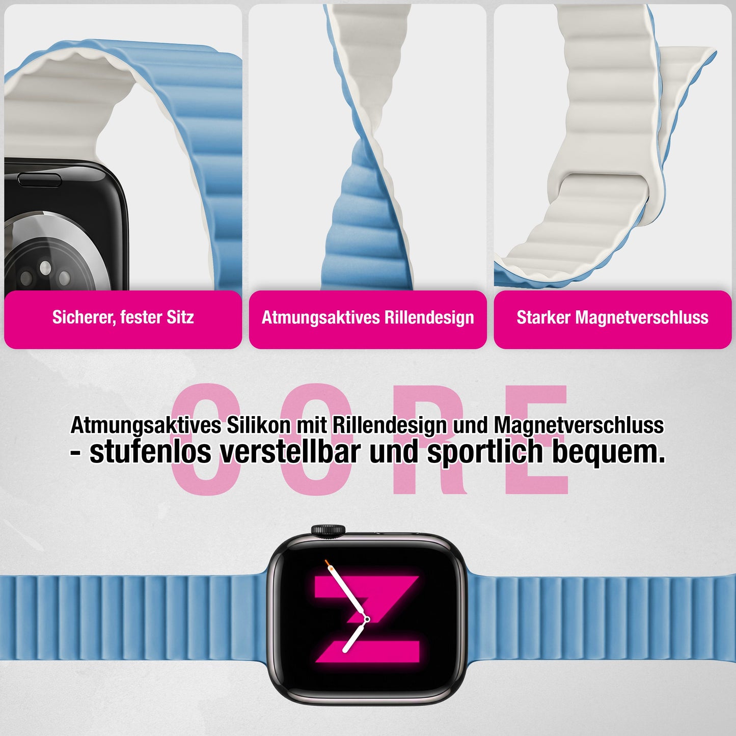 NALIA Core Magnet Armband kompatibel mit Apple Watch Series Ultra/SE/10/9/8/7/6/5/4/3/2/1 – 42/44/45/46/49mm, Atmungsaktives Silikon Loop, Sportarmband mit Rillendesign