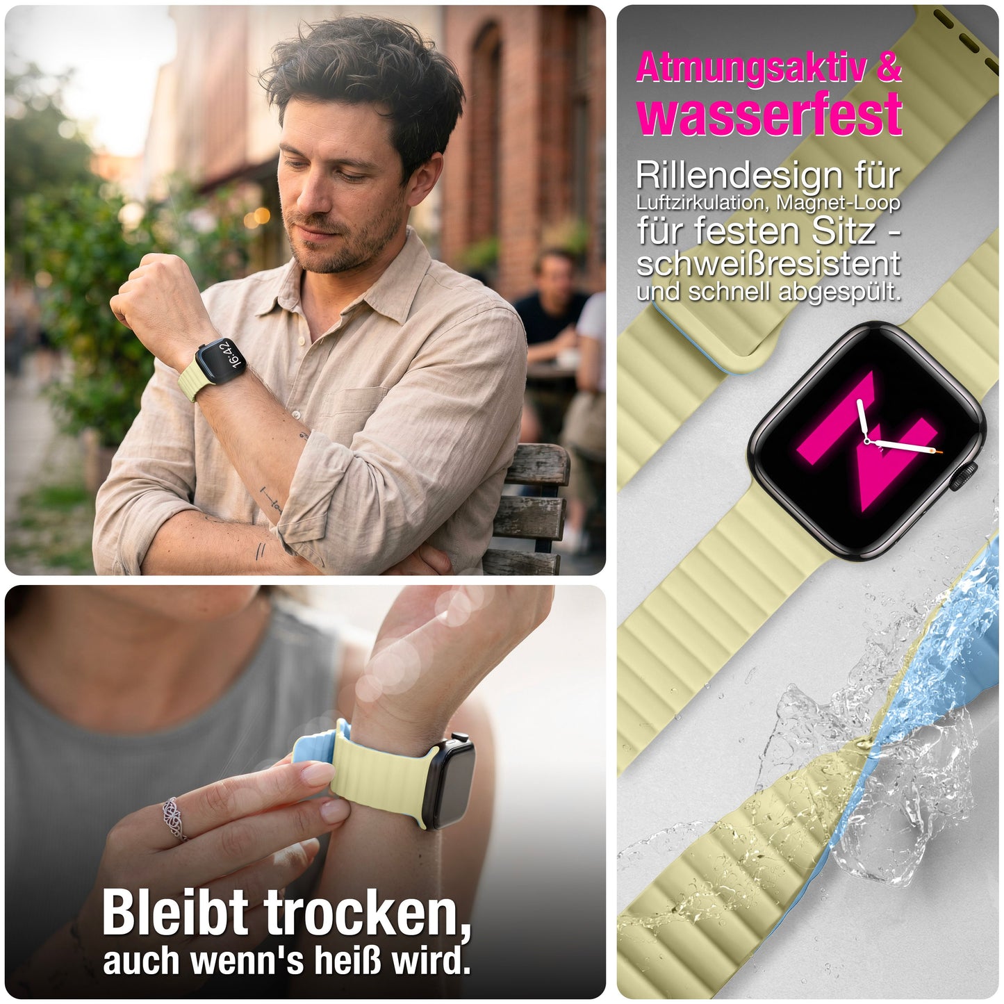 NALIA Core Magnet Armband kompatibel mit Apple Watch Series Ultra/SE/10/9/8/7/6/5/4/3/2/1 – 42/44/45/46/49mm, Atmungsaktives Silikon Loop, Sportarmband mit Rillendesign
