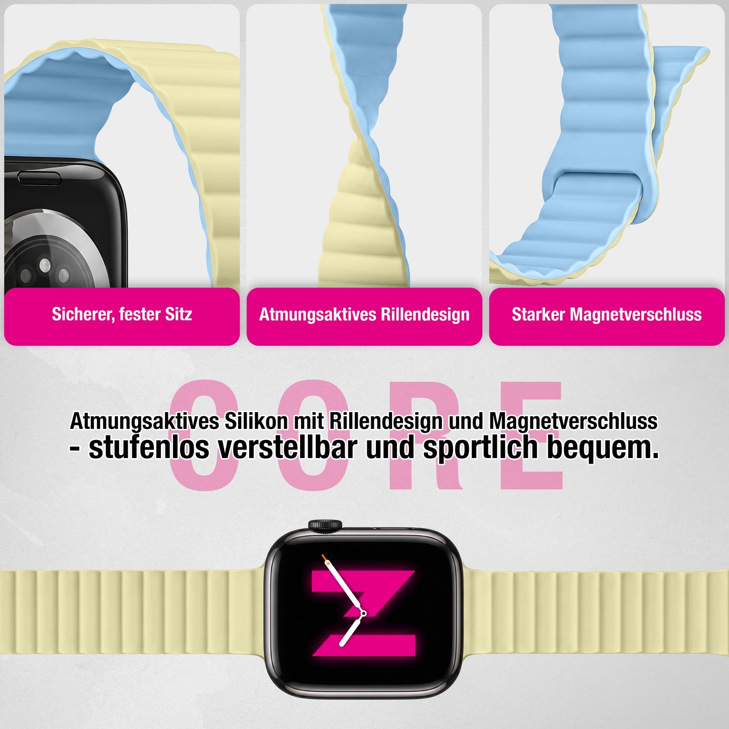 NALIA Core Magnet Armband kompatibel mit Apple Watch Series Ultra/SE/10/9/8/7/6/5/4/3/2/1 – 42/44/45/46/49mm, Atmungsaktives Silikon Loop, Sportarmband mit Rillendesign
