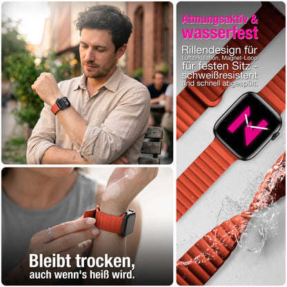 NALIA Core Magnet Armband kompatibel mit Apple Watch Series Ultra/SE/10/9/8/7/6/5/4/3/2/1 – 42/44/45/46/49mm, Atmungsaktives Silikon Loop, Sportarmband mit Rillendesign