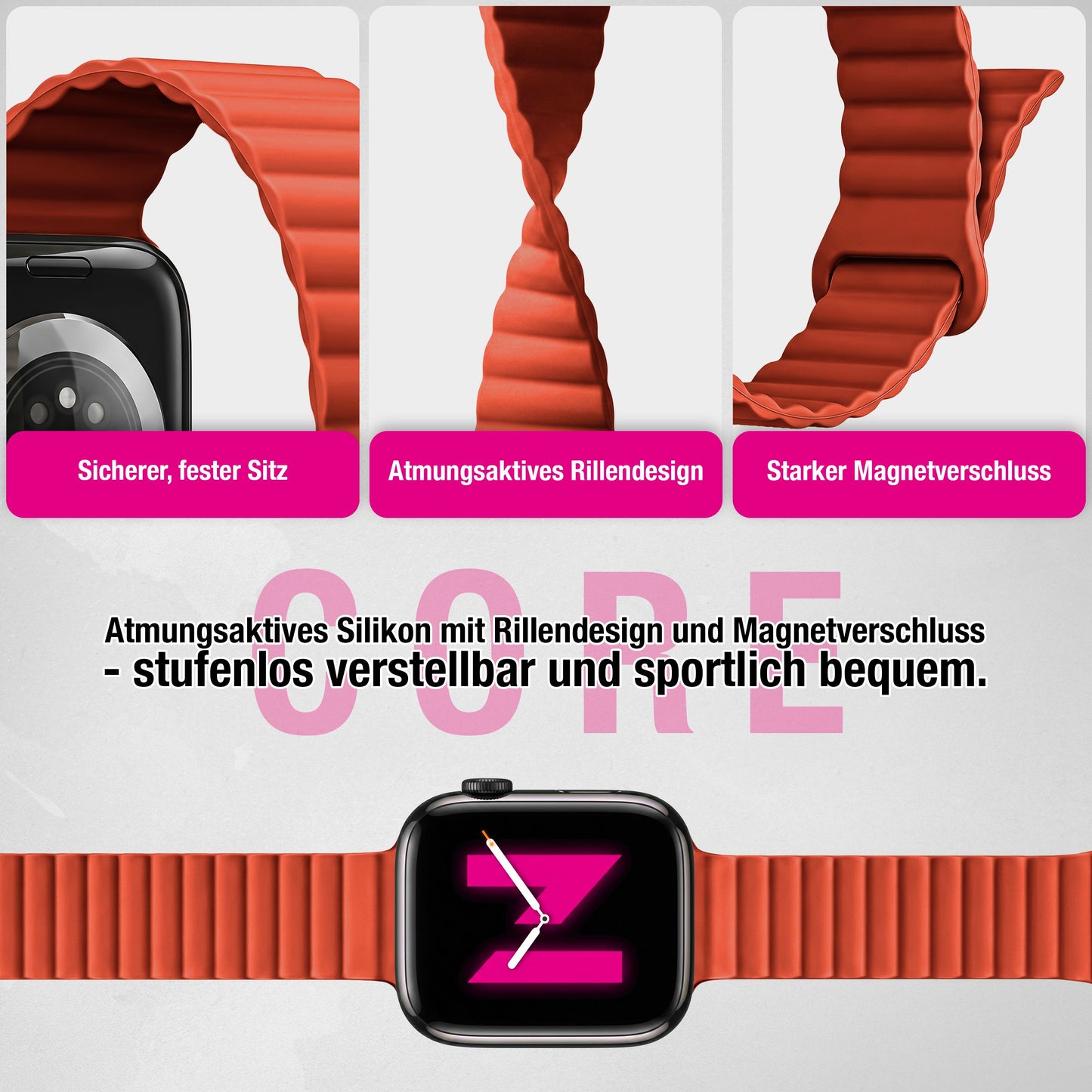 NALIA Core Magnet Armband kompatibel mit Apple Watch Series Ultra/SE/10/9/8/7/6/5/4/3/2/1 – 42/44/45/46/49mm, Atmungsaktives Silikon Loop, Sportarmband mit Rillendesign
