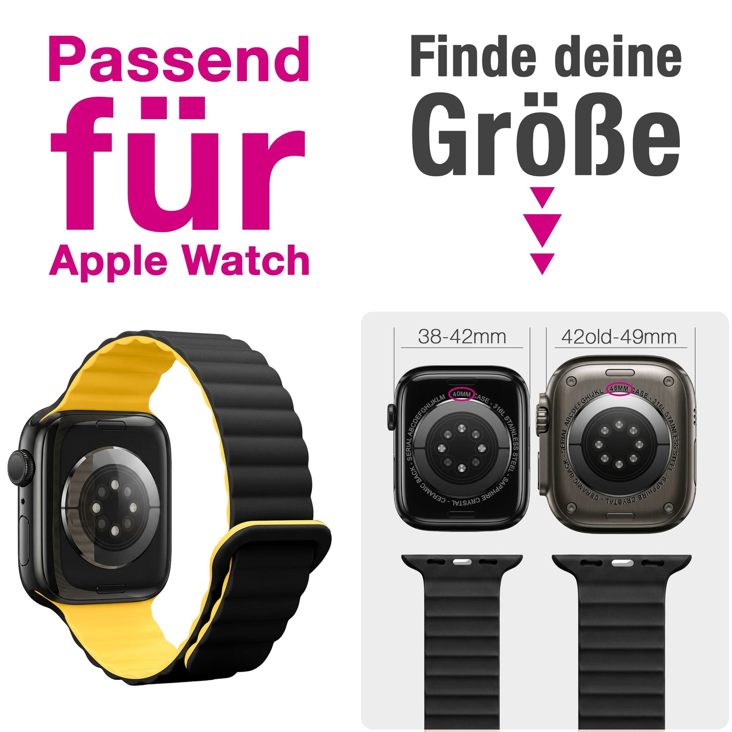 NALIA Core Magnet Armband kompatibel mit Apple Watch Series Ultra/SE/10/9/8/7/6/5/4/3/2/1 – 42/44/45/46/49mm, Atmungsaktives Silikon Loop, Sportarmband mit Rillendesign