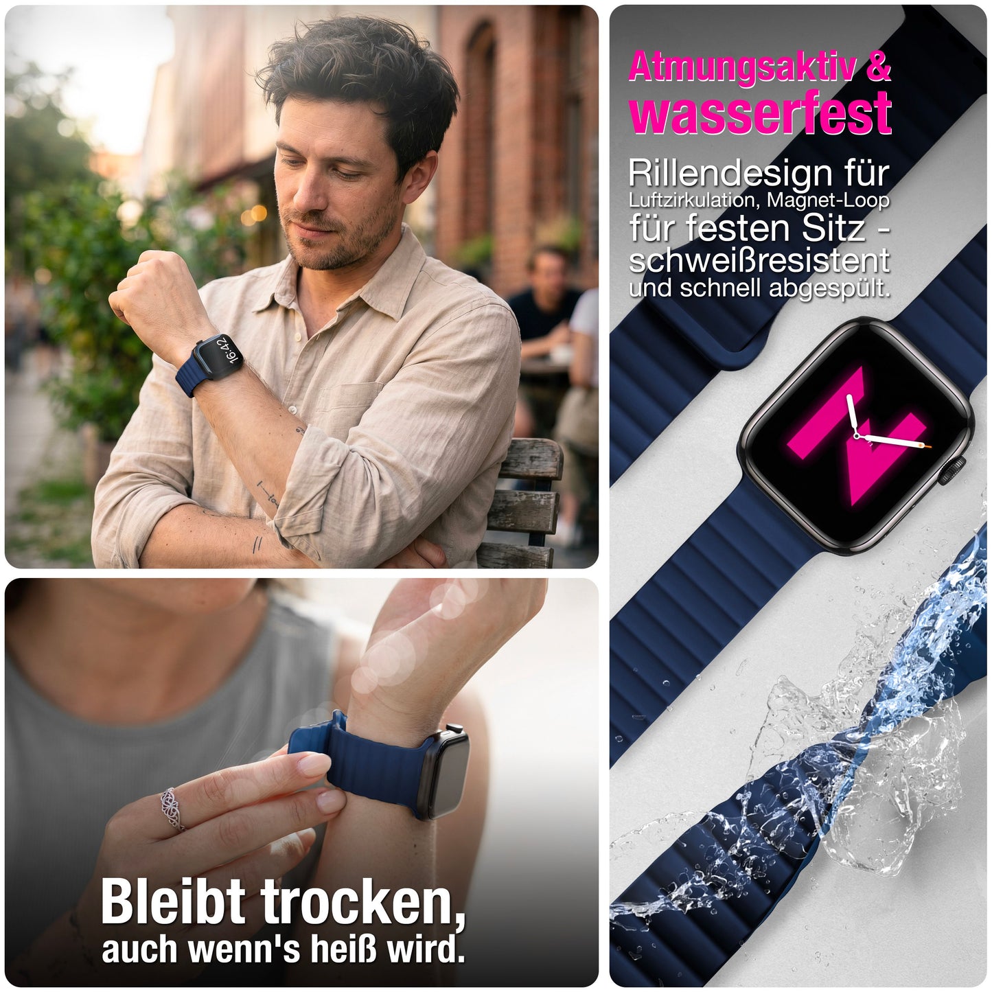 NALIA Core Magnet Armband kompatibel mit Apple Watch Series Ultra/SE/10/9/8/7/6/5/4/3/2/1 – 42/44/45/46/49mm, Atmungsaktives Silikon Loop, Sportarmband mit Rillendesign