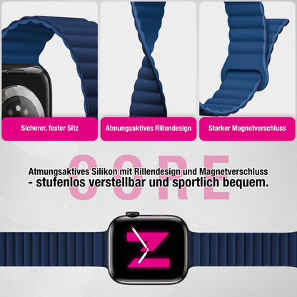 NALIA Core Magnet Armband kompatibel mit Apple Watch Series Ultra/SE/10/9/8/7/6/5/4/3/2/1 – 42/44/45/46/49mm, Atmungsaktives Silikon Loop, Sportarmband mit Rillendesign