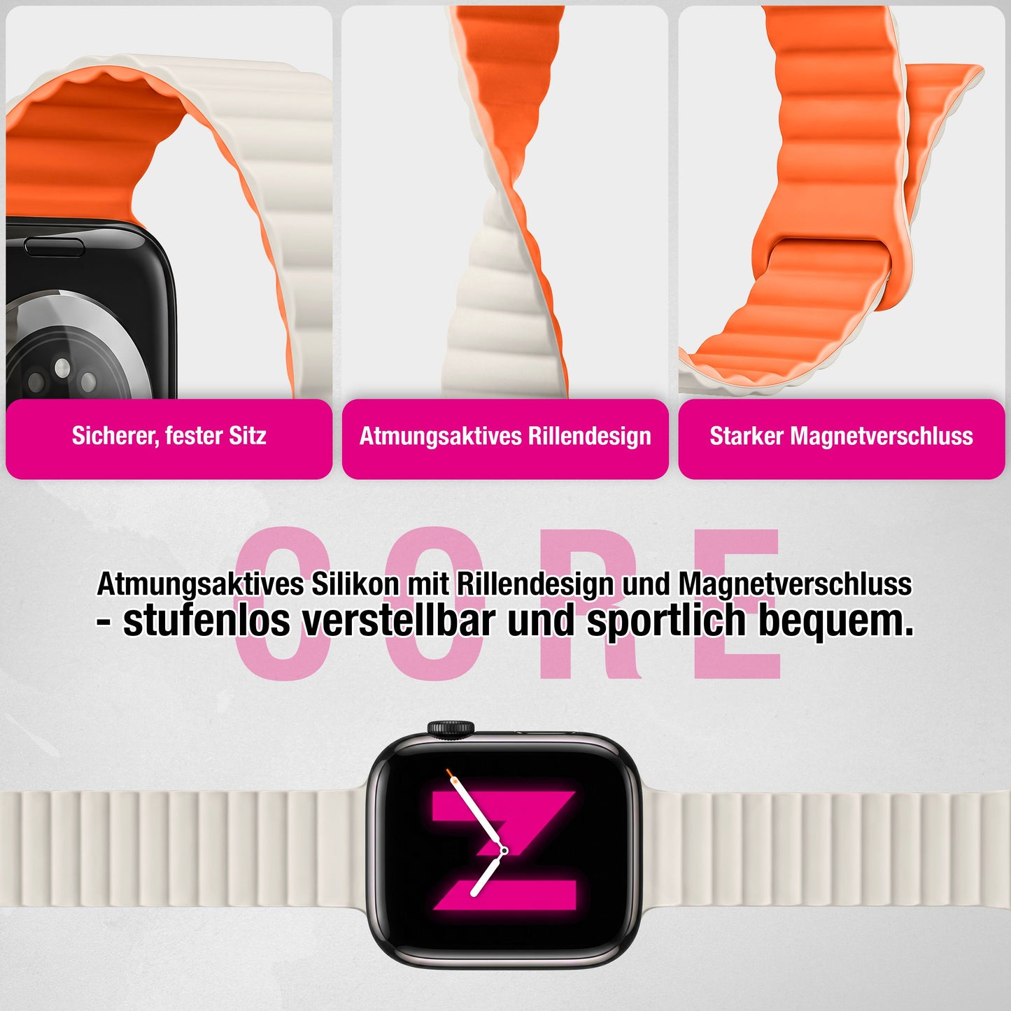 NALIA Core Magnet Armband kompatibel mit Apple Watch Series Ultra/SE/10/9/8/7/6/5/4/3/2/1 – 42/44/45/46/49mm, Atmungsaktives Silikon Loop, Sportarmband mit Rillendesign