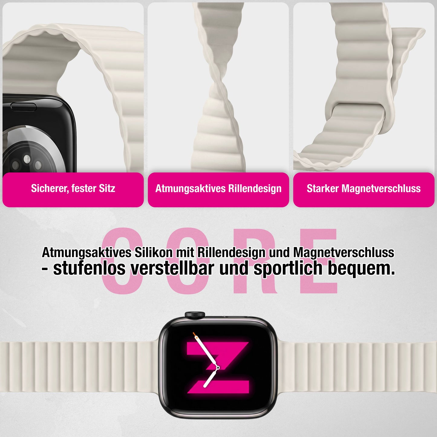 NALIA Core Magnet Armband kompatibel mit Apple Watch Series Ultra/SE/10/9/8/7/6/5/4/3/2/1 – 42/44/45/46/49mm, Atmungsaktives Silikon Loop, Sportarmband mit Rillendesign