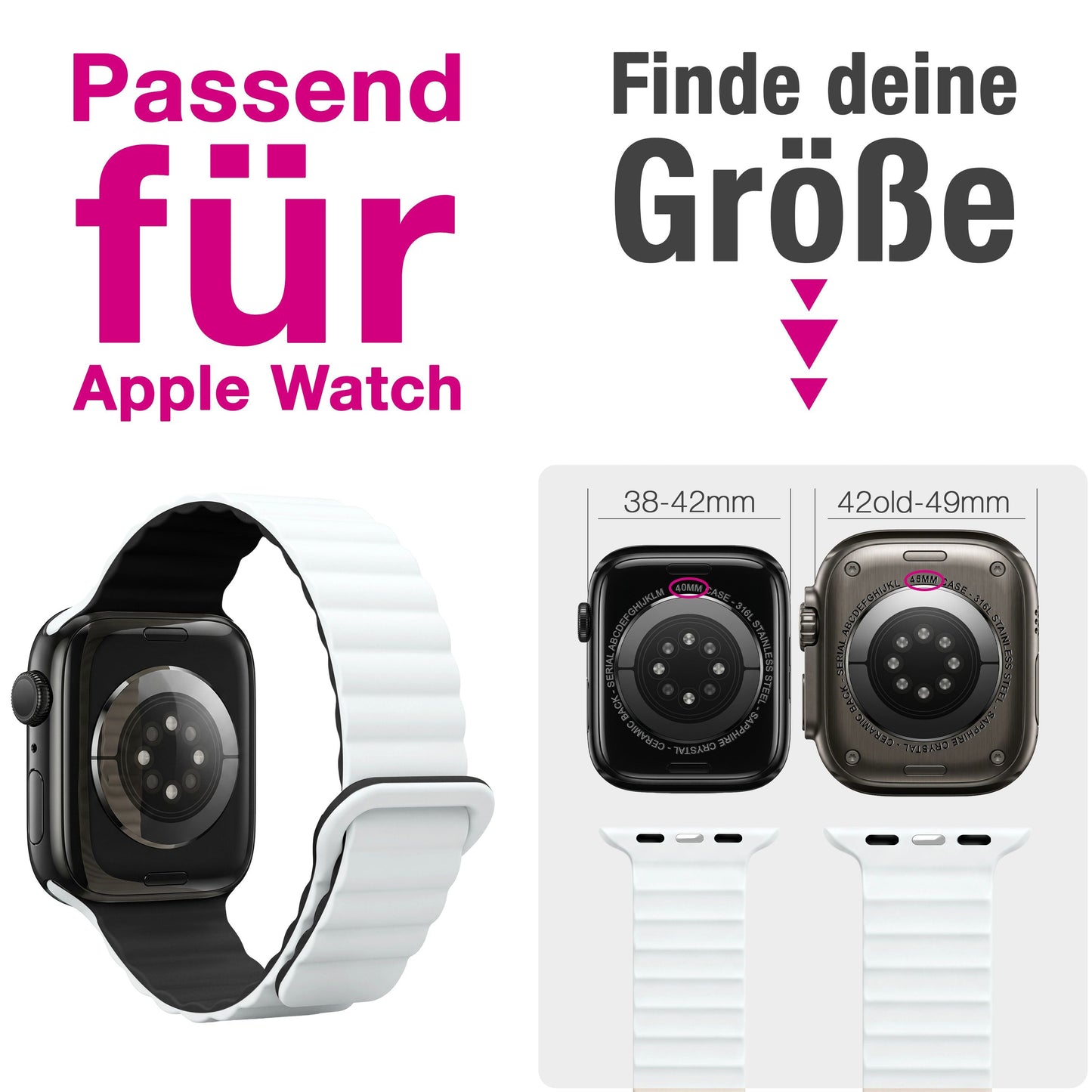 NALIA Core Magnet Armband kompatibel mit Apple Watch Series Ultra/SE/10/9/8/7/6/5/4/3/2/1 – 42/44/45/46/49mm, Atmungsaktives Silikon Loop, Sportarmband mit Rillendesign