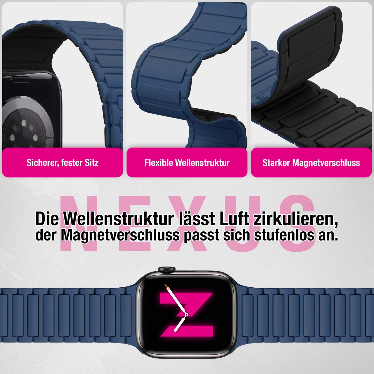 NALIA Nexus Magnet Armband kompatibel mit Apple Watch Armband Series SE/iWatch 10 9 8 7 6 5 4 3 2 1, 38/40/41/42mm, Silikon Loop mit Rillendesign, Sportarmband Magnetisch