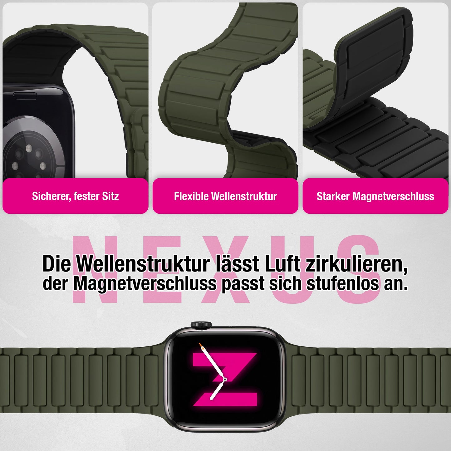 NALIA Nexus Magnet Armband kompatibel mit Apple Watch Armband Series SE/iWatch 10 9 8 7 6 5 4 3 2 1, 38/40/41/42mm, Silikon Loop mit Rillendesign, Sportarmband Magnetisch