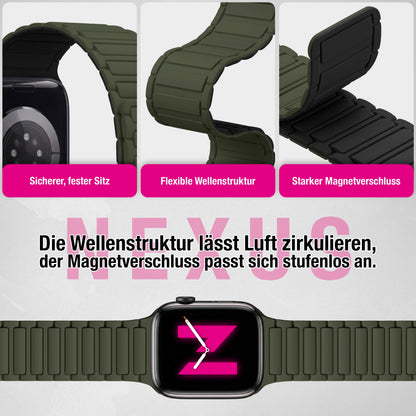 NALIA Nexus Magnet Armband kompatibel mit Apple Watch Armband Series SE/iWatch 10 9 8 7 6 5 4 3 2 1, 38/40/41/42mm, Silikon Loop mit Rillendesign, Sportarmband Magnetisch