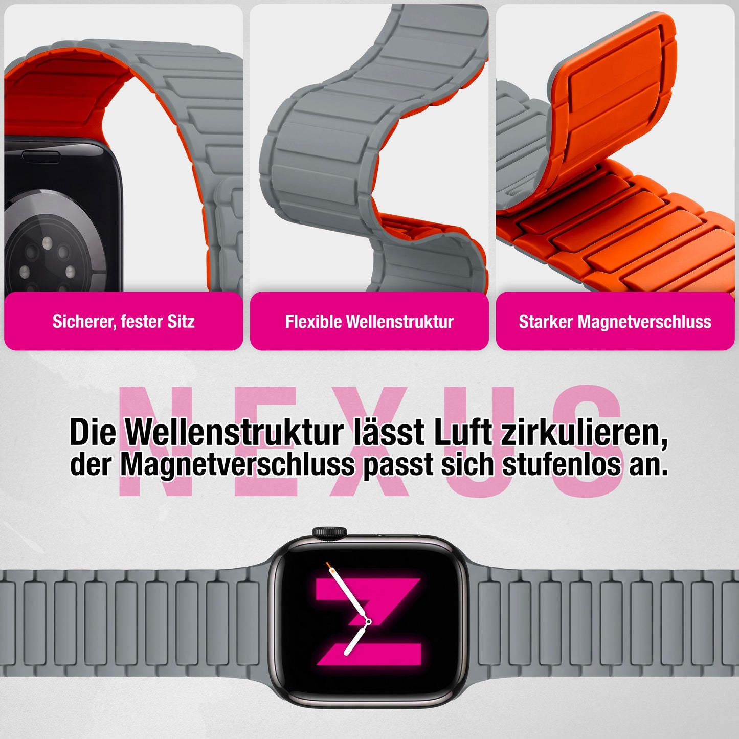 NALIA Nexus Magnet Armband kompatibel mit Apple Watch Armband Series SE/iWatch 10 9 8 7 6 5 4 3 2 1, 38/40/41/42mm, Silikon Loop mit Rillendesign, Sportarmband Magnetisch