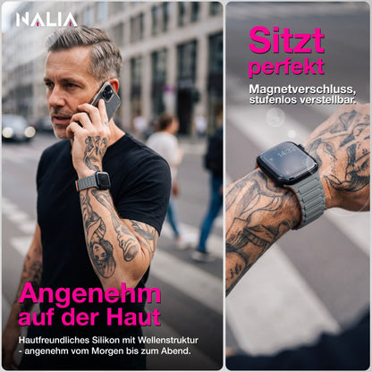 NALIA Nexus Magnet Armband kompatibel mit Apple Watch Armband Series SE/iWatch 10 9 8 7 6 5 4 3 2 1, 38/40/41/42mm, Silikon Loop mit Rillendesign, Sportarmband Magnetisch
