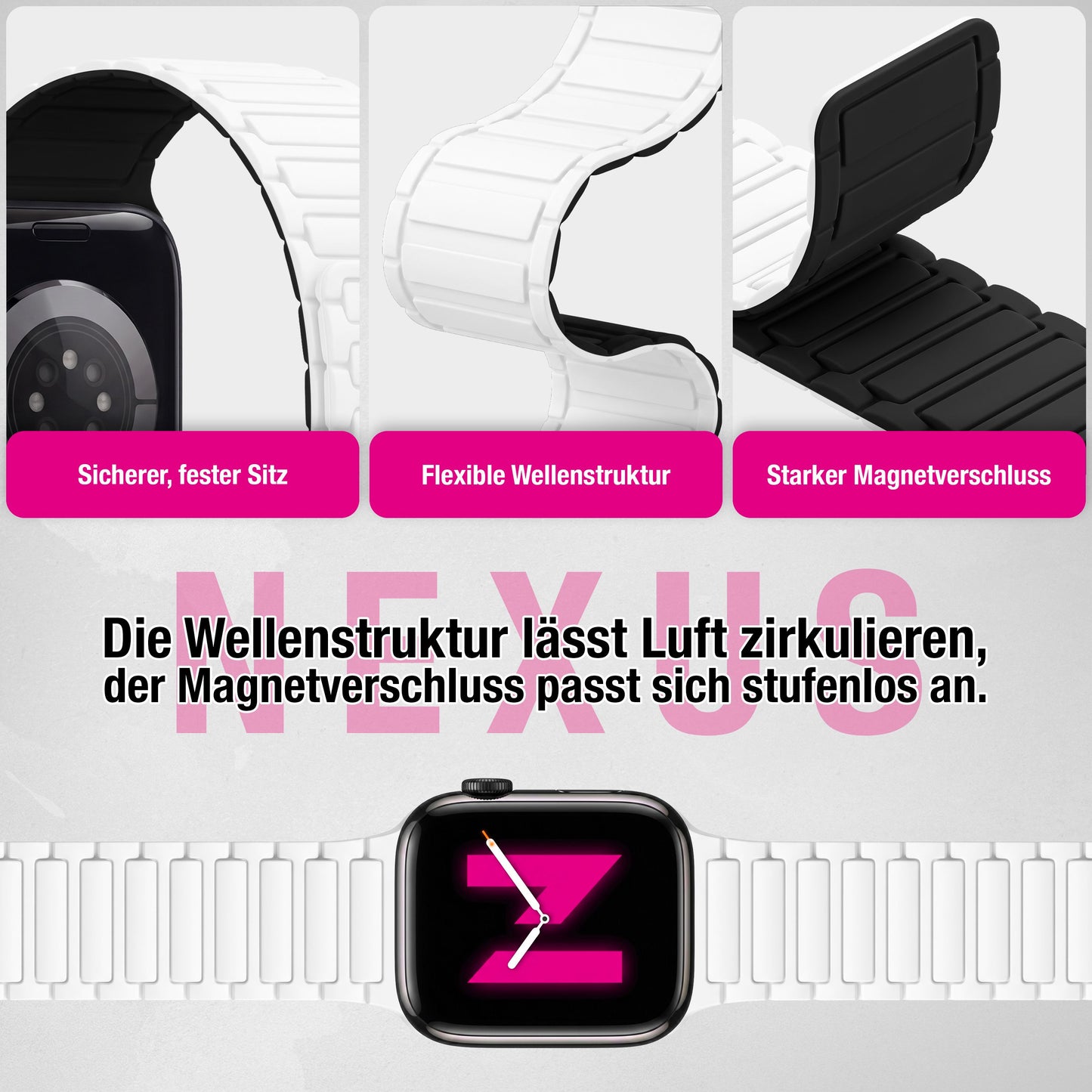 NALIA Nexus Magnet Armband kompatibel mit Apple Watch Armband Series SE/iWatch 10 9 8 7 6 5 4 3 2 1, 38/40/41/42mm, Silikon Loop mit Rillendesign, Sportarmband Magnetisch