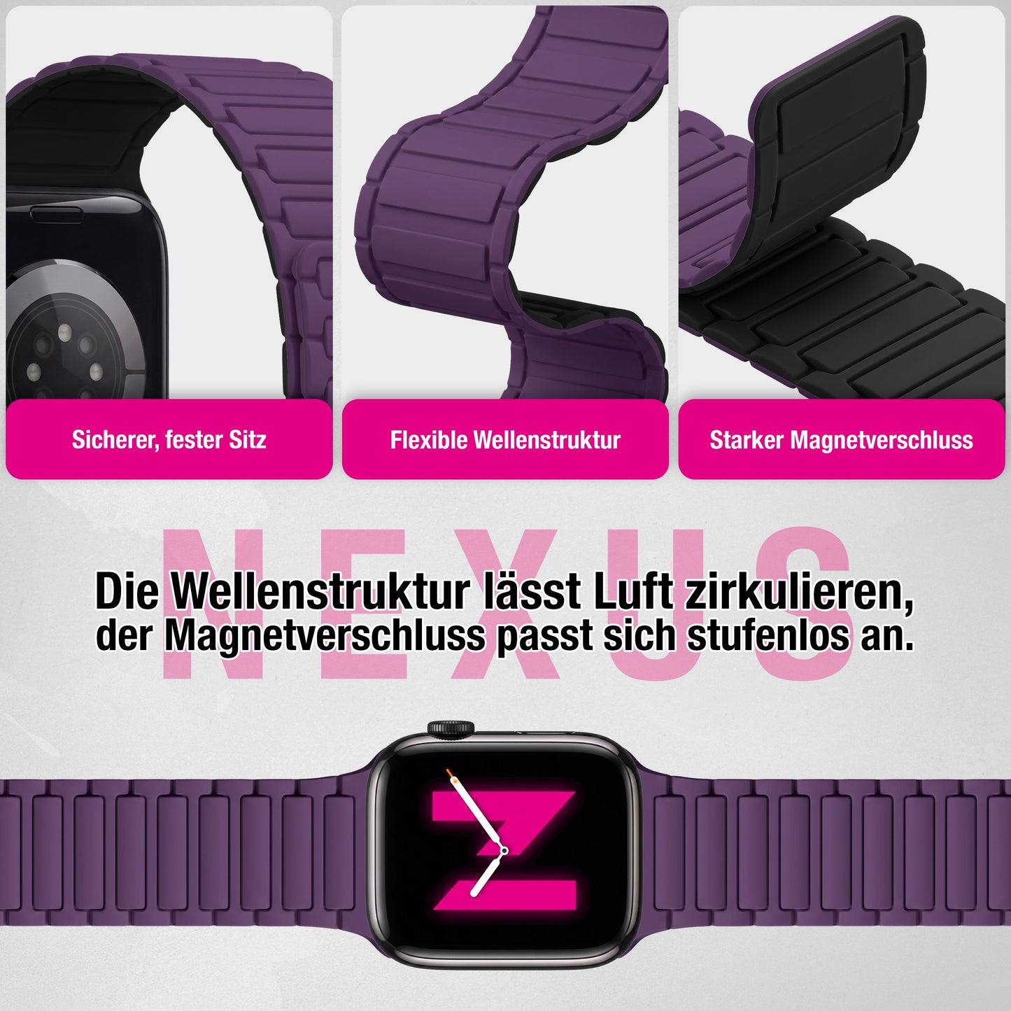 NALIA Nexus Magnet Armband kompatibel mit Apple Watch Armband Series Ultra/SE 10 9 8 7 6 5 4 3 2 1, 42/44/45/46/49mm, Silikon Loop mit Rillendesign, Sportarmband
