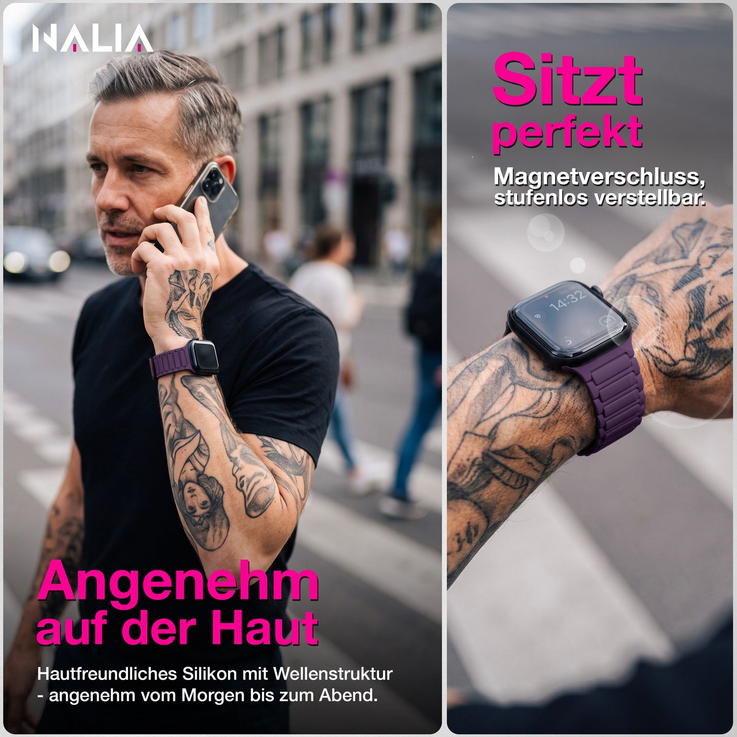 NALIA Nexus Magnet Armband kompatibel mit Apple Watch Armband Series Ultra/SE 10 9 8 7 6 5 4 3 2 1, 42/44/45/46/49mm, Silikon Loop mit Rillendesign, Sportarmband