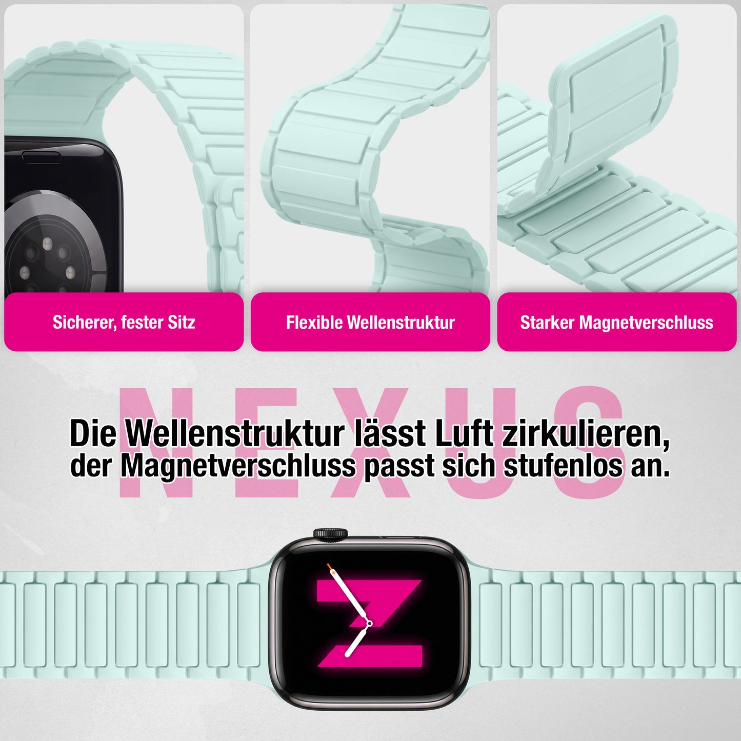 NALIA Nexus Magnet Armband kompatibel mit Apple Watch Armband Series Ultra/SE 10 9 8 7 6 5 4 3 2 1, 42/44/45/46/49mm, Silikon Loop mit Rillendesign, Sportarmband