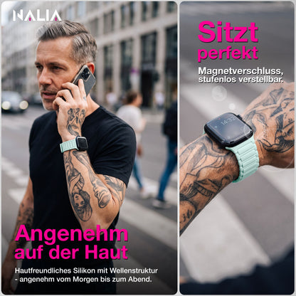 NALIA Nexus Magnet Armband kompatibel mit Apple Watch Armband Series Ultra/SE 10 9 8 7 6 5 4 3 2 1, 42/44/45/46/49mm, Silikon Loop mit Rillendesign, Sportarmband