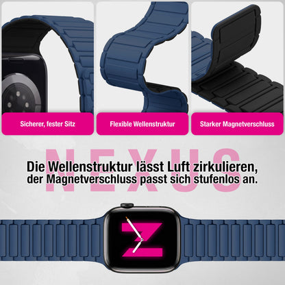 NALIA Nexus Magnet Armband kompatibel mit Apple Watch Armband Series Ultra/SE 10 9 8 7 6 5 4 3 2 1, 42/44/45/46/49mm, Silikon Loop mit Rillendesign, Sportarmband