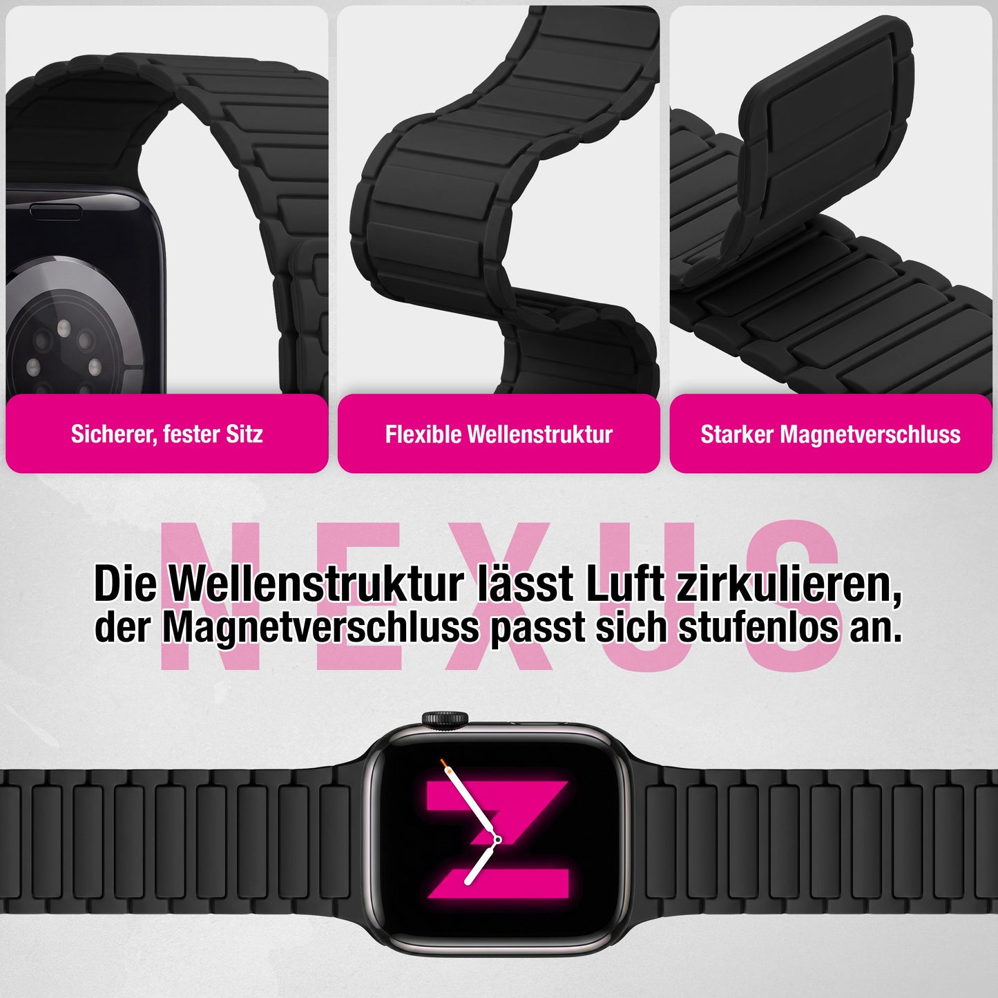 NALIA Nexus Magnet Armband kompatibel mit Apple Watch Armband Series Ultra/SE 10 9 8 7 6 5 4 3 2 1, 42/44/45/46/49mm, Silikon Loop mit Rillendesign, Sportarmband
