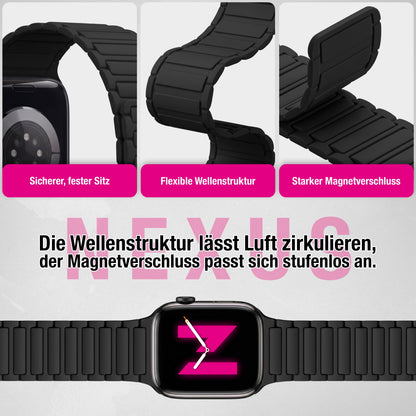 NALIA Nexus Magnet Armband kompatibel mit Apple Watch Armband Series Ultra/SE 10 9 8 7 6 5 4 3 2 1, 42/44/45/46/49mm, Silikon Loop mit Rillendesign, Sportarmband