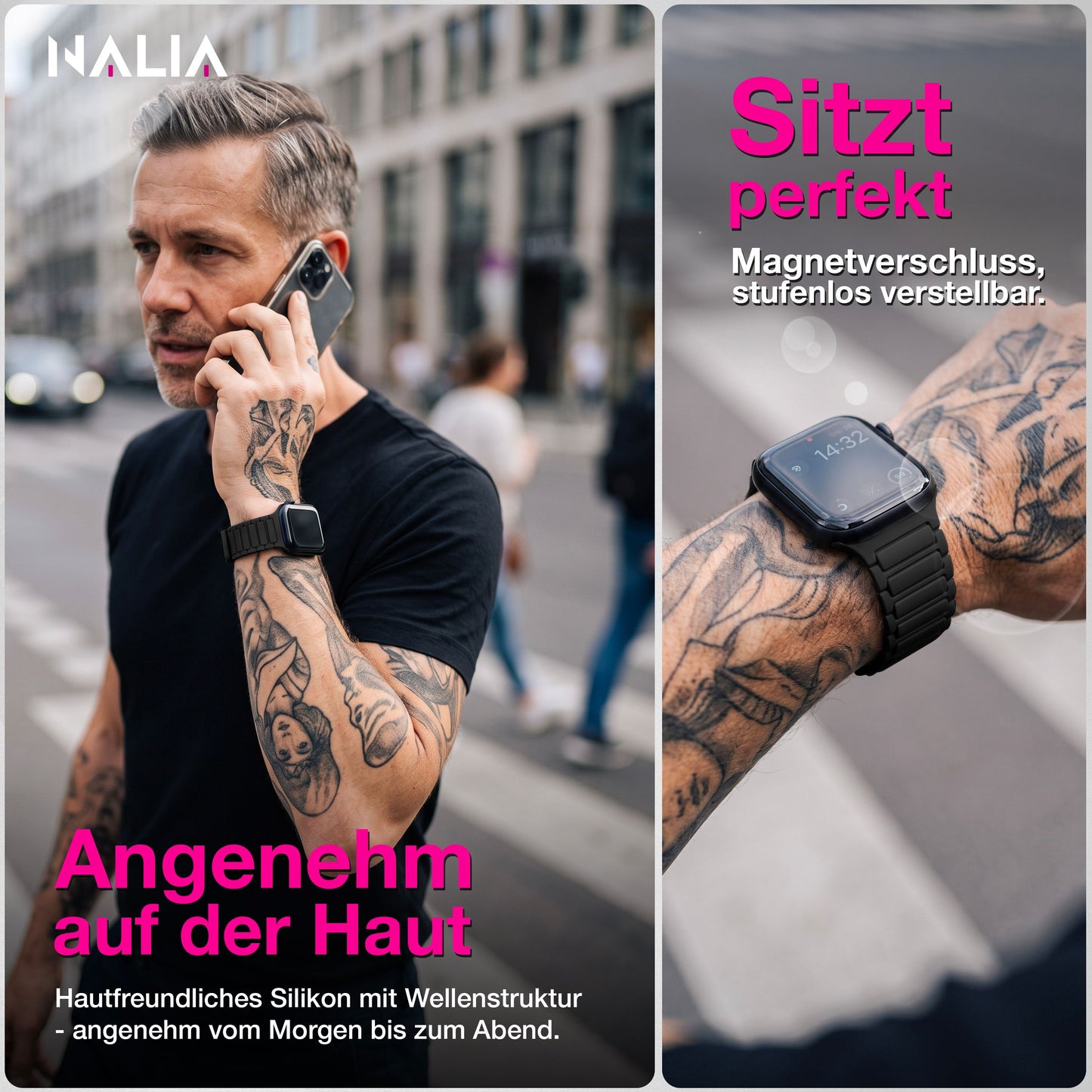 NALIA Nexus Magnet Armband kompatibel mit Apple Watch Armband Series Ultra/SE 10 9 8 7 6 5 4 3 2 1, 42/44/45/46/49mm, Silikon Loop mit Rillendesign, Sportarmband