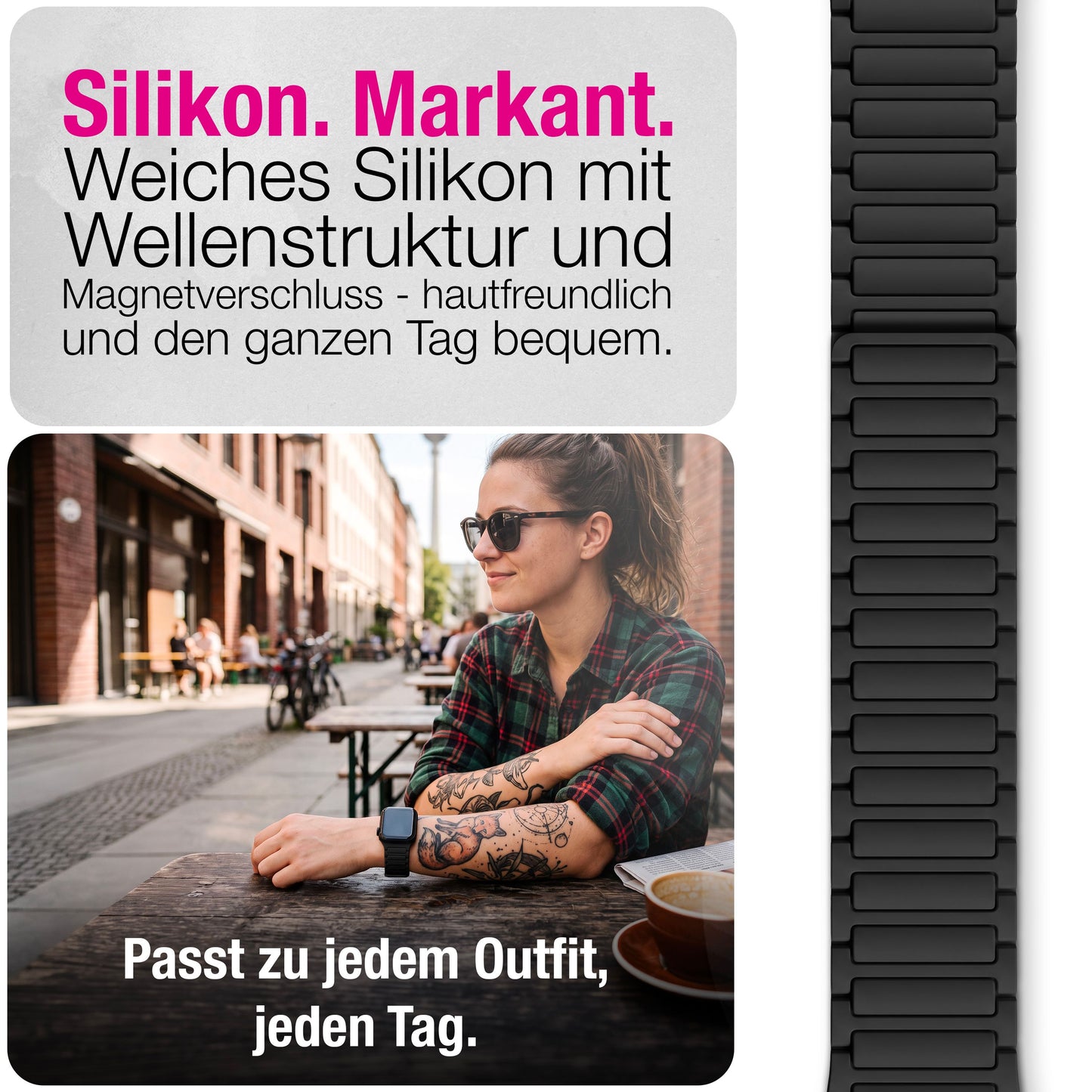NALIA Nexus Magnet Armband kompatibel mit Apple Watch Armband Series Ultra/SE 10 9 8 7 6 5 4 3 2 1, 42/44/45/46/49mm, Silikon Loop mit Rillendesign, Sportarmband