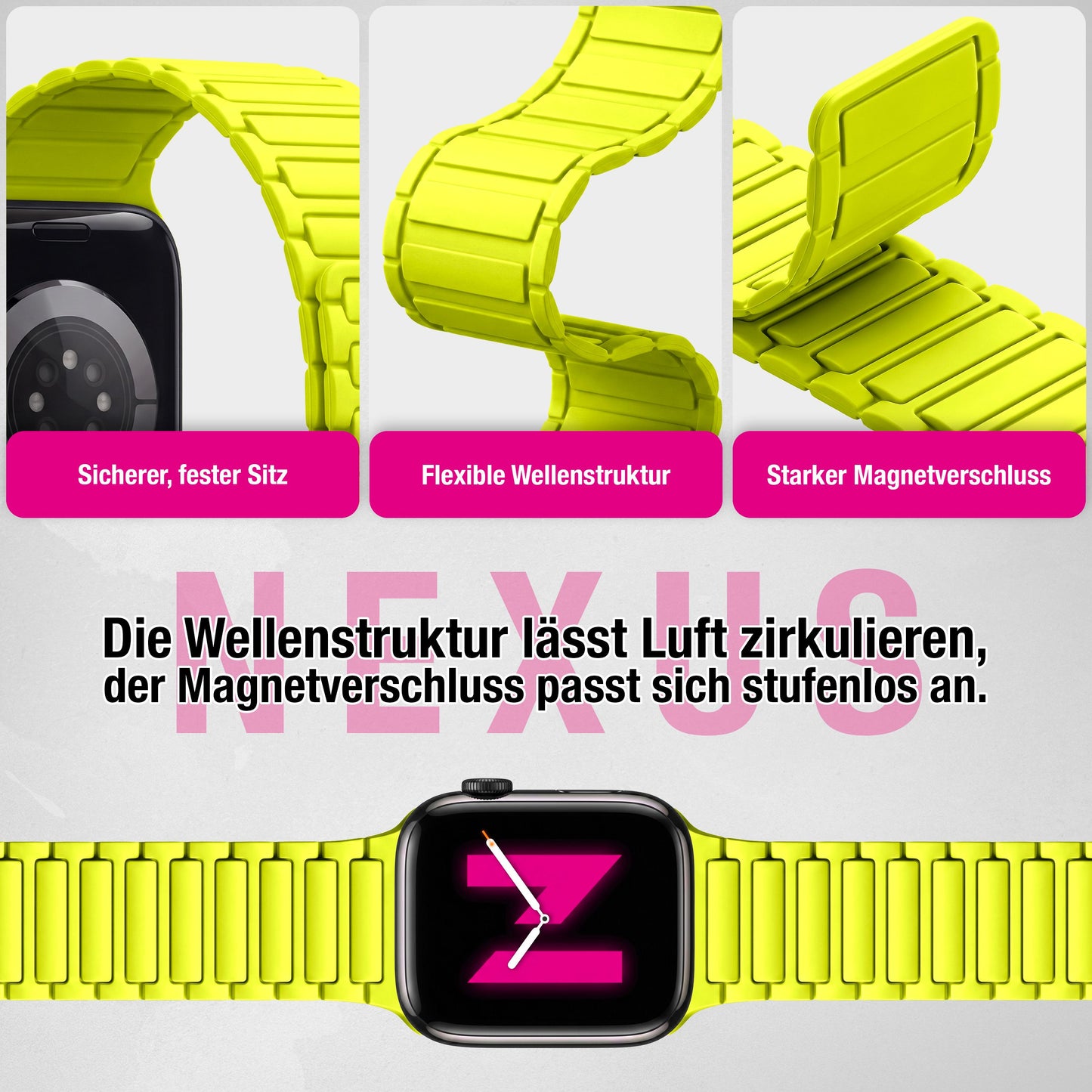 NALIA Nexus Magnet Armband kompatibel mit Apple Watch Armband Series Ultra/SE 10 9 8 7 6 5 4 3 2 1, 42/44/45/46/49mm, Silikon Loop mit Rillendesign, Sportarmband