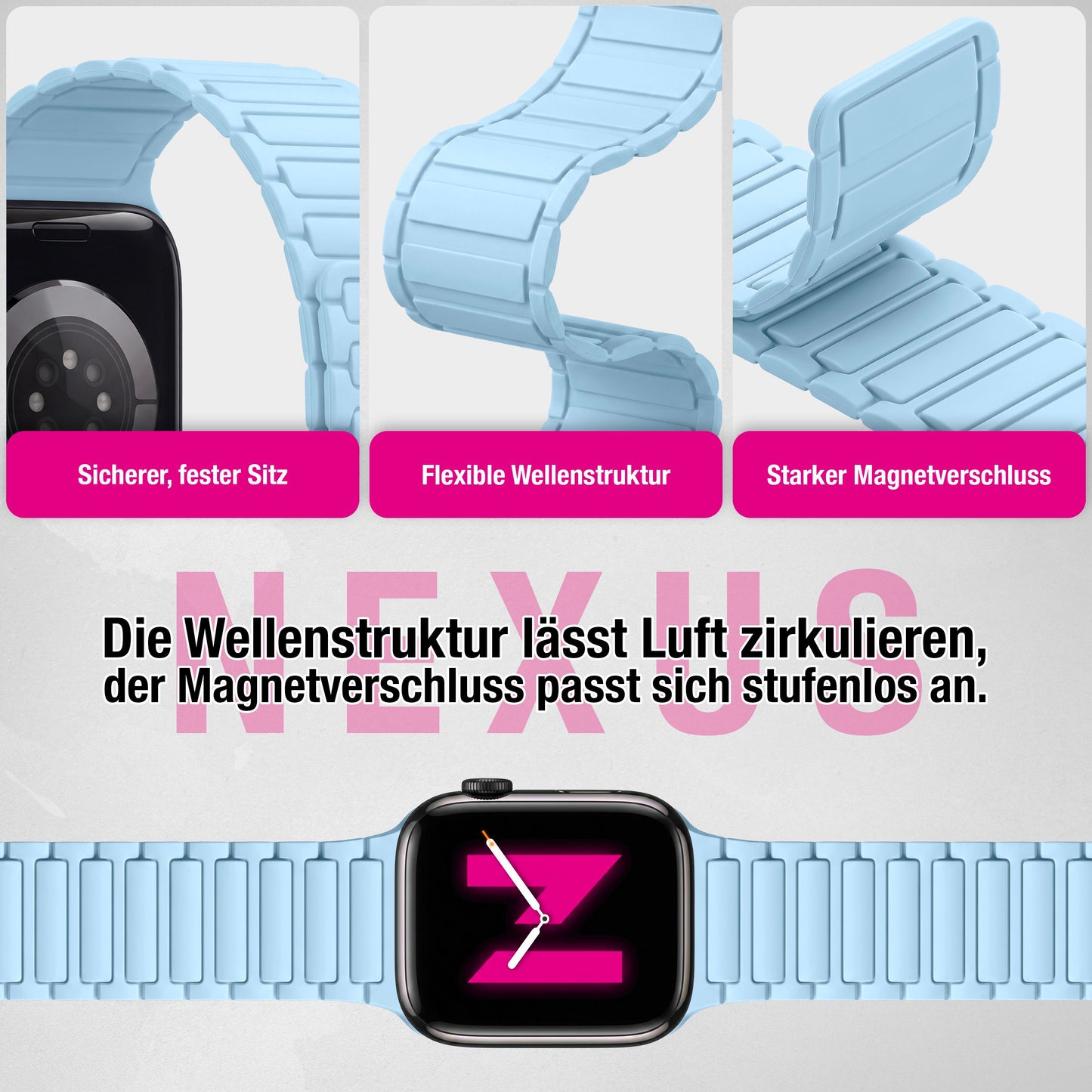 NALIA Nexus Magnet Armband kompatibel mit Apple Watch Armband Series Ultra/SE 10 9 8 7 6 5 4 3 2 1, 42/44/45/46/49mm, Silikon Loop mit Rillendesign, Sportarmband