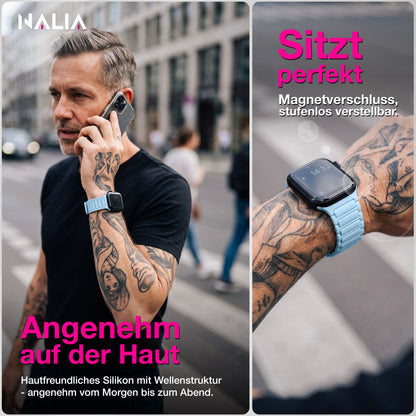 NALIA Nexus Magnet Armband kompatibel mit Apple Watch Armband Series Ultra/SE 10 9 8 7 6 5 4 3 2 1, 42/44/45/46/49mm, Silikon Loop mit Rillendesign, Sportarmband