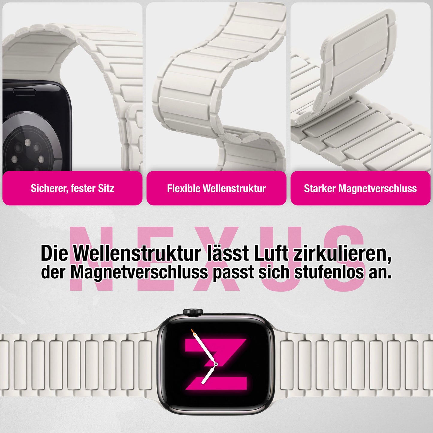 NALIA Nexus Magnet Armband kompatibel mit Apple Watch Armband Series Ultra/SE 10 9 8 7 6 5 4 3 2 1, 42/44/45/46/49mm, Silikon Loop mit Rillendesign, Sportarmband