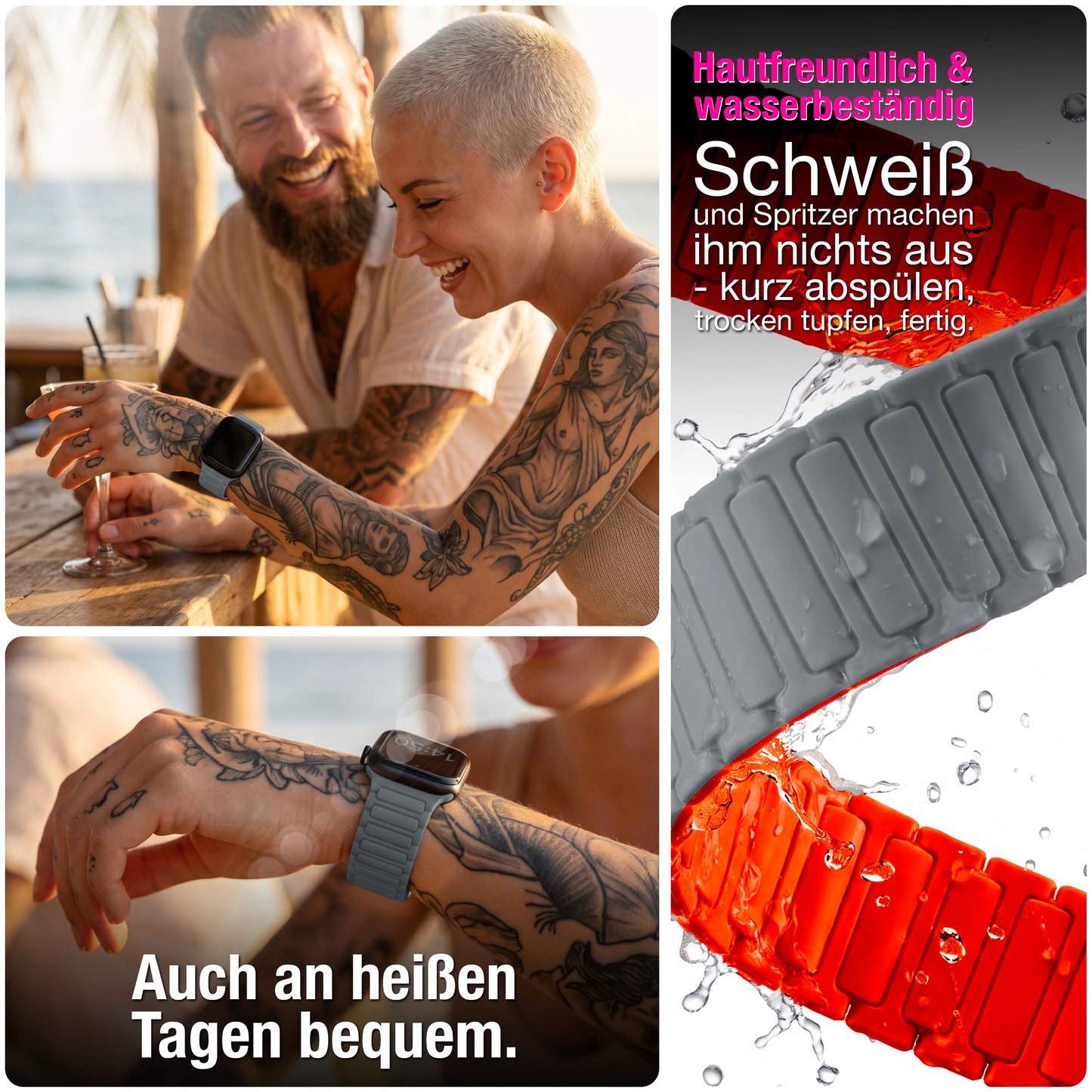 NALIA Nexus Magnet Armband kompatibel mit Apple Watch Armband Series Ultra/SE 10 9 8 7 6 5 4 3 2 1, 42/44/45/46/49mm, Silikon Loop mit Rillendesign, Sportarmband