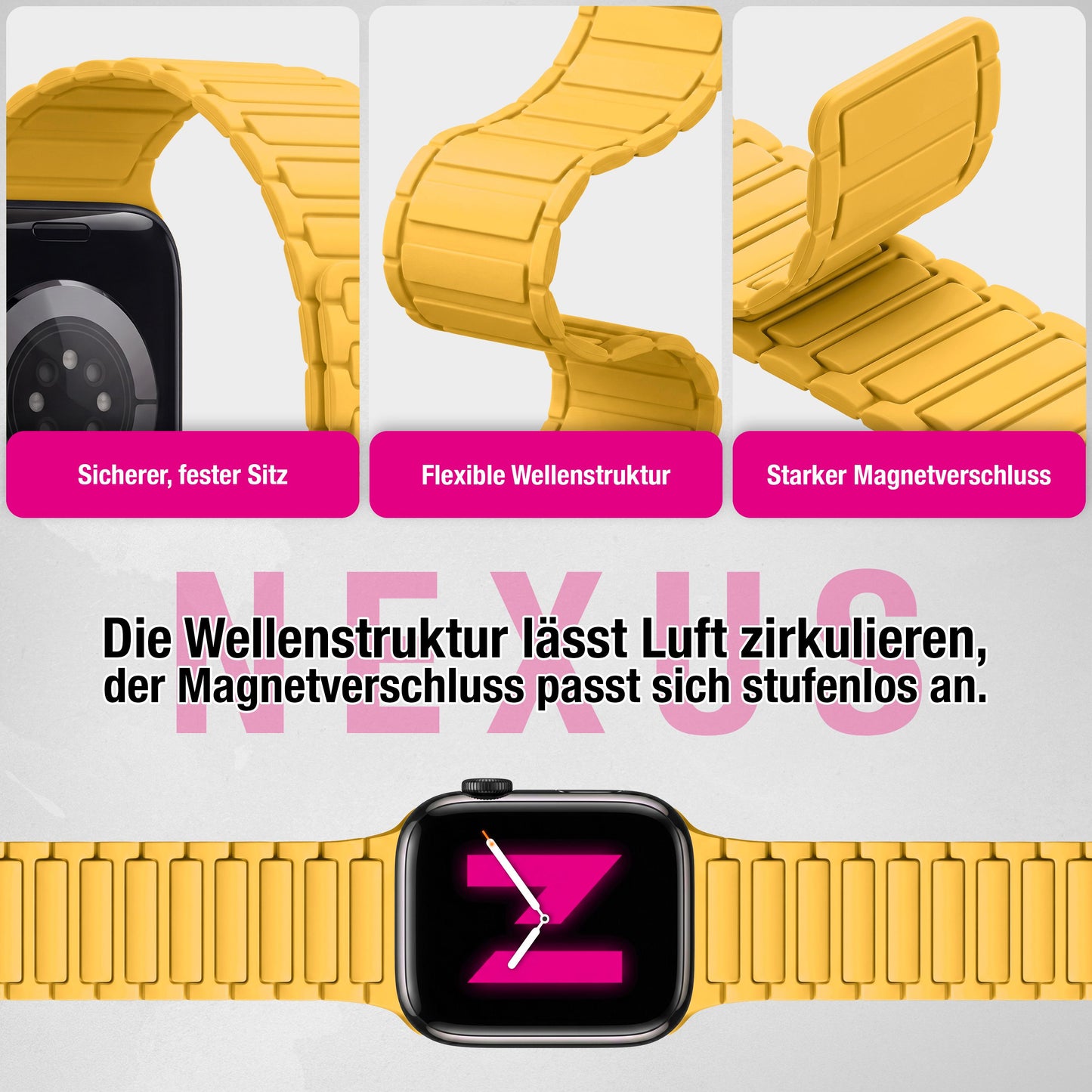 NALIA Nexus Magnet Armband kompatibel mit Apple Watch Armband Series Ultra/SE 10 9 8 7 6 5 4 3 2 1, 42/44/45/46/49mm, Silikon Loop mit Rillendesign, Sportarmband