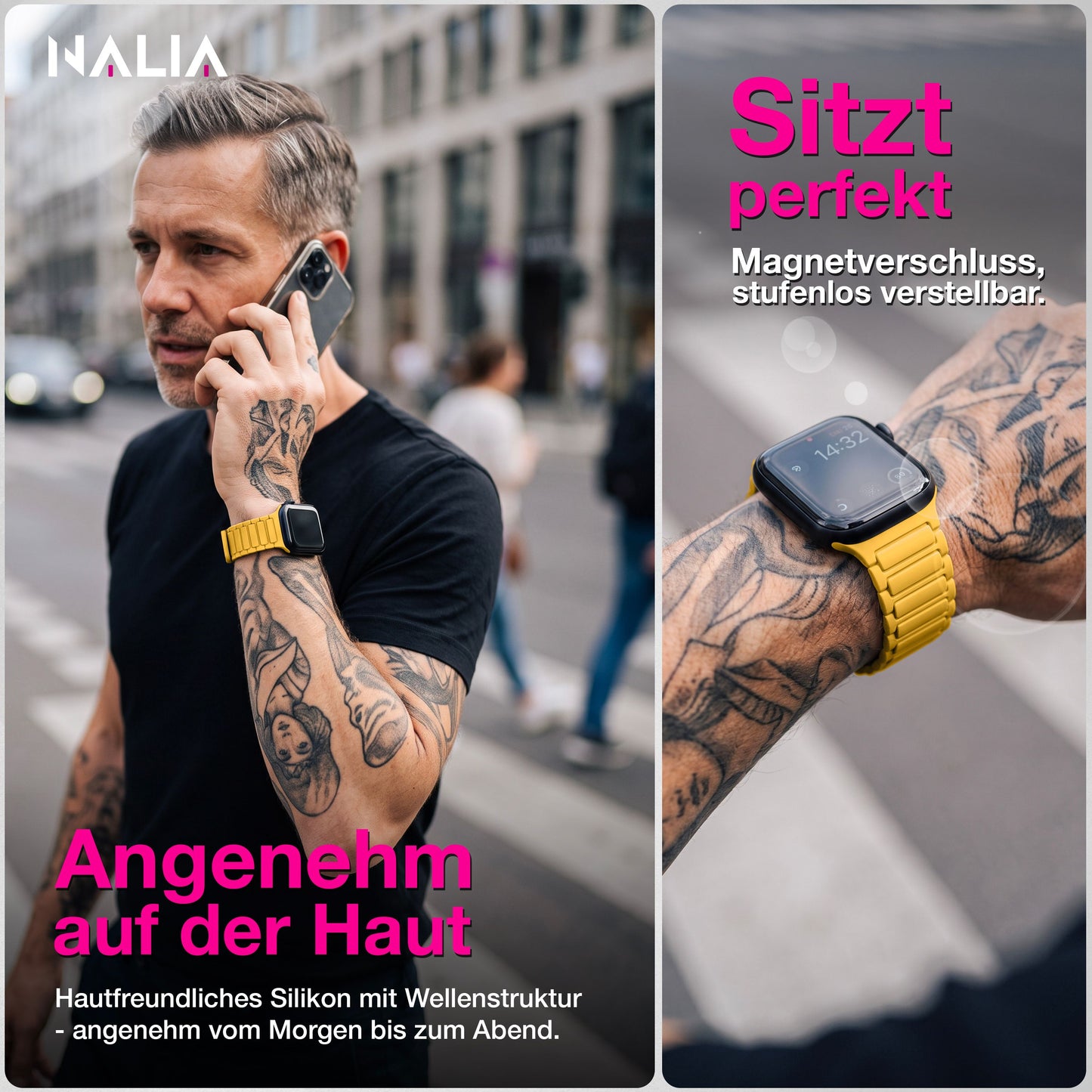 NALIA Nexus Magnet Armband kompatibel mit Apple Watch Armband Series Ultra/SE 10 9 8 7 6 5 4 3 2 1, 42/44/45/46/49mm, Silikon Loop mit Rillendesign, Sportarmband