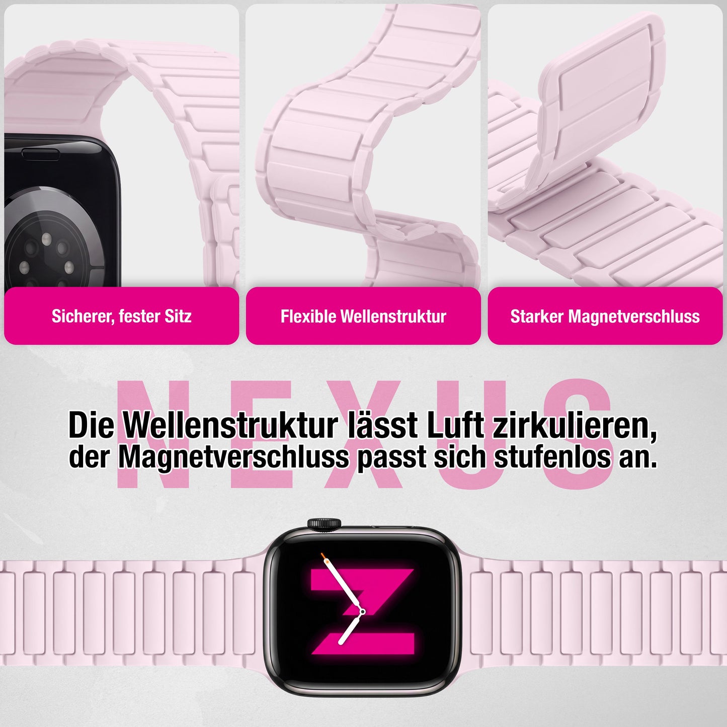 NALIA Nexus Magnet Armband kompatibel mit Apple Watch Armband Series Ultra/SE 10 9 8 7 6 5 4 3 2 1, 42/44/45/46/49mm, Silikon Loop mit Rillendesign, Sportarmband
