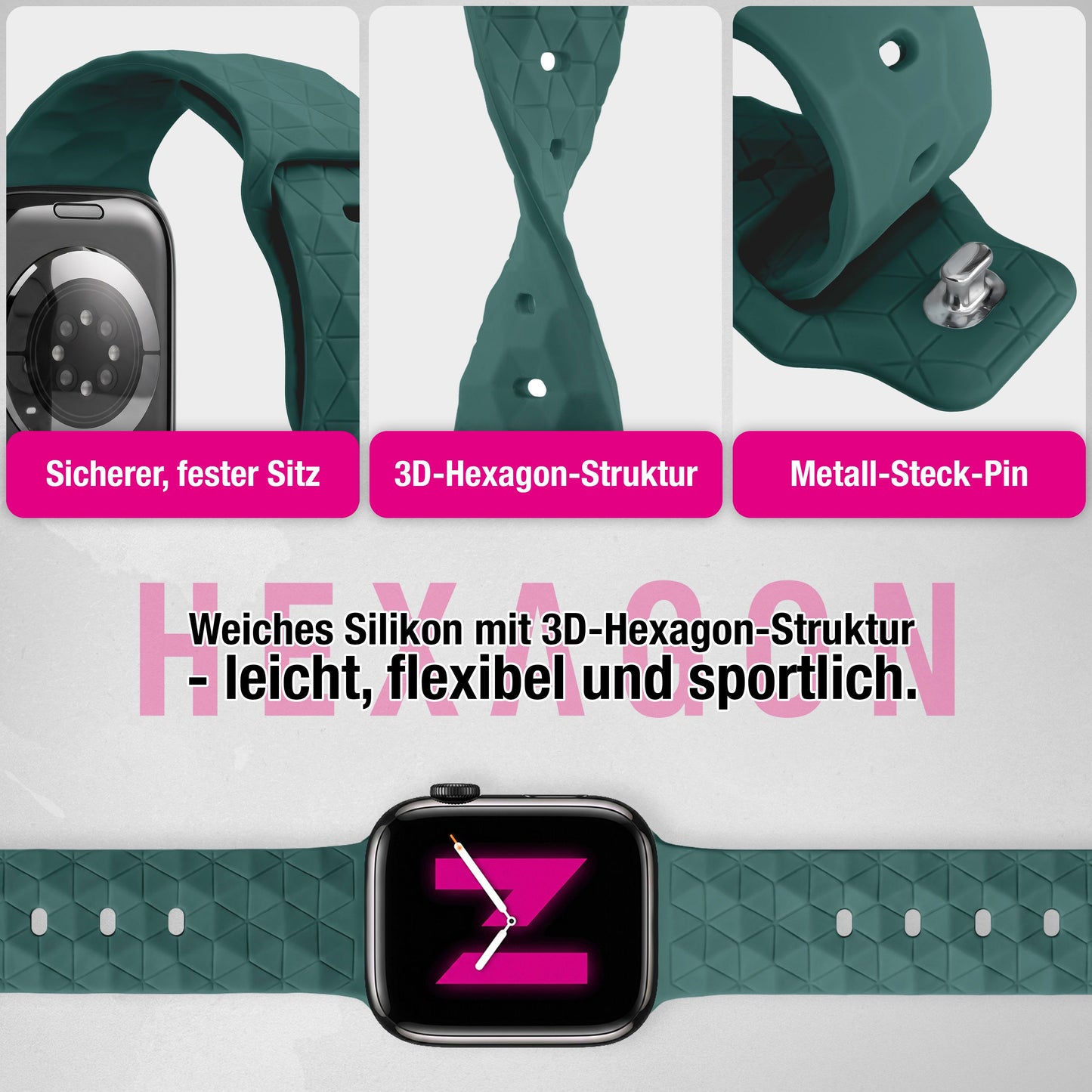 NALIA Hexion Armband kompatibel mit Apple Watch Armband Series SE/iWatch 10 9 8 7 6 5 4 3 2 1, 38/40/41/42mm, Silikon Loop mit Hexagon Design, Sportarmband Steck-Pin-Verschluss