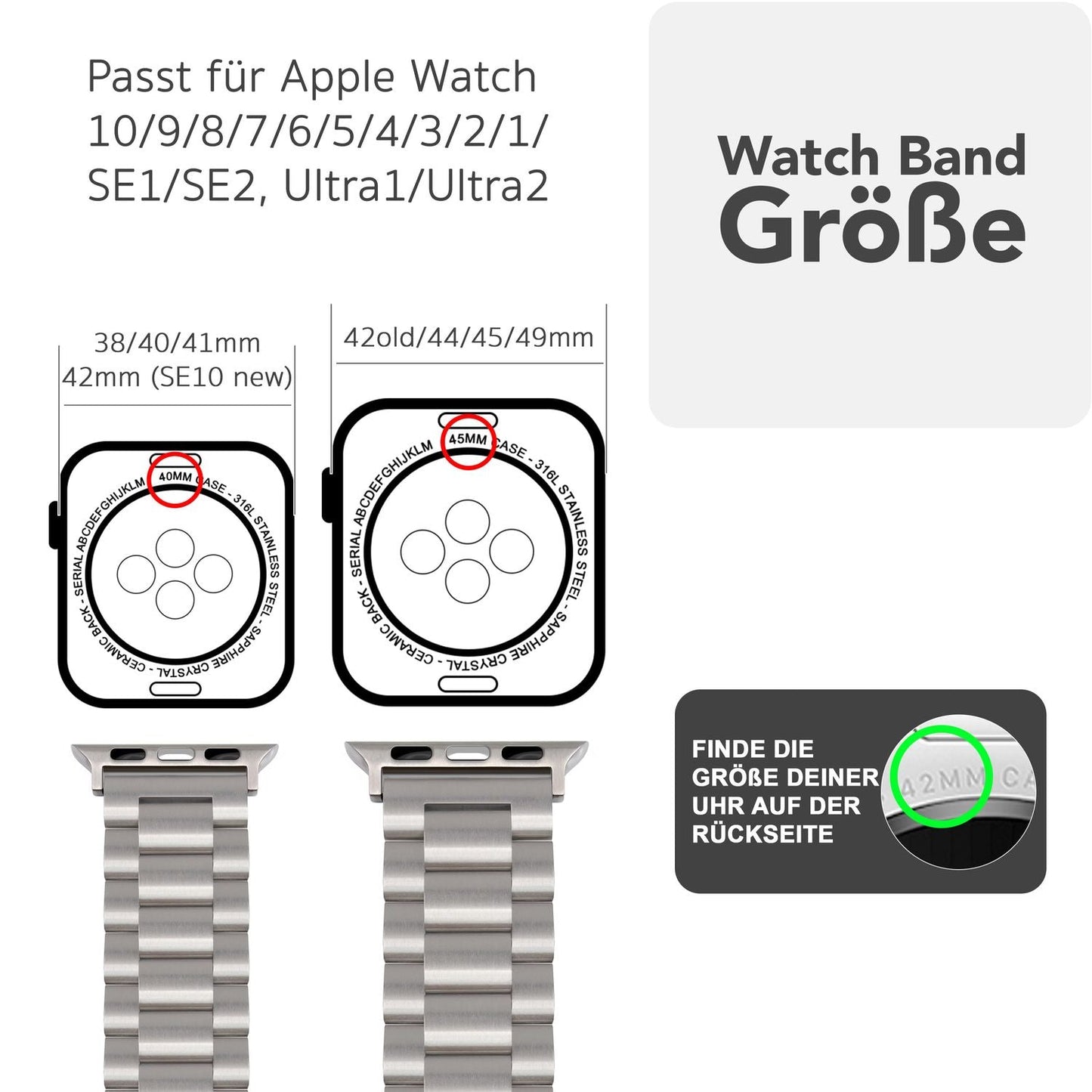 NALIA Mova Edelstahl Armband kompatibel mit Apple Watch Armband Series Ultra/SE 10/9/8/7/6/5/4/3/2/1, 42/44/45/46/49mm, Metall Ersatzarmband mit Doppelfaltschließe, Rostfrei