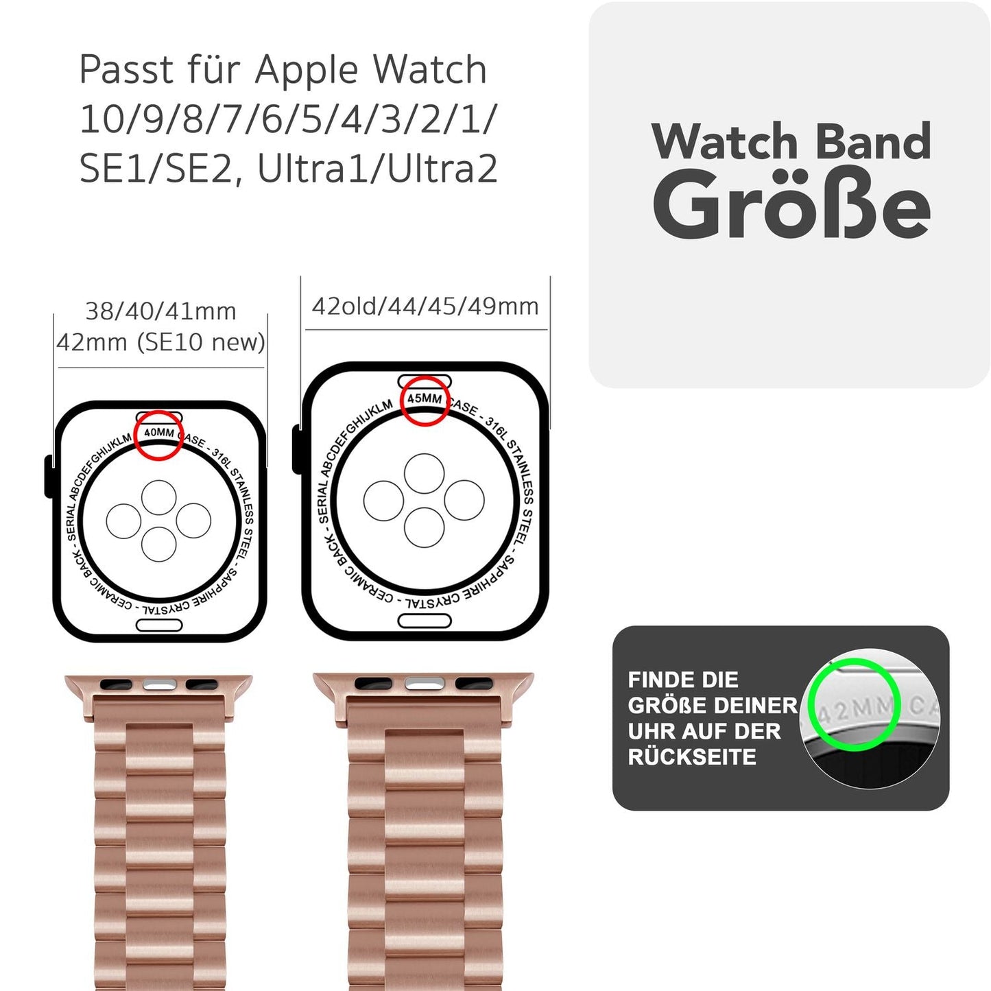NALIA Mova Edelstahl Armband kompatibel mit Apple Watch Armband Series Ultra/SE 10/9/8/7/6/5/4/3/2/1, 42/44/45/46/49mm, Metall Ersatzarmband mit Doppelfaltschließe, Rostfrei