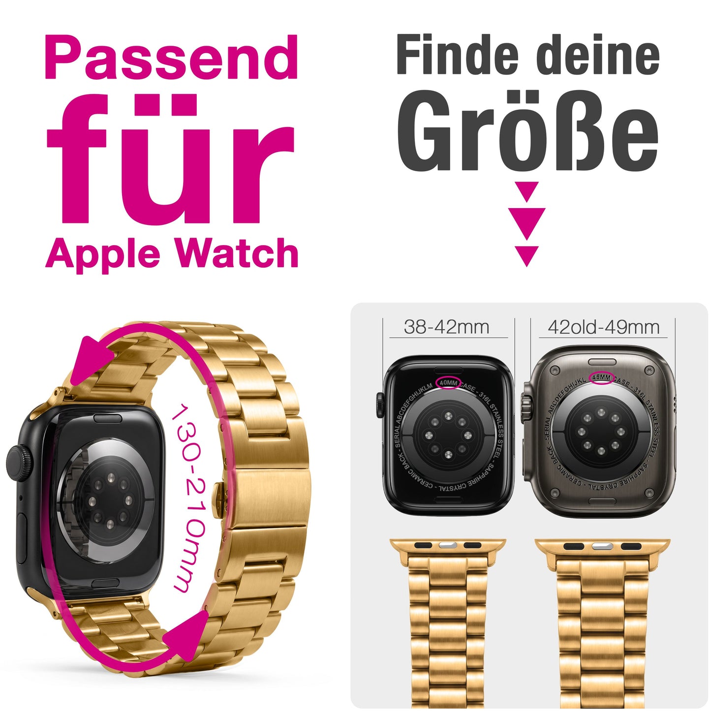 NALIA Mova Edelstahl Armband kompatibel mit Apple Watch Armband Series Ultra/SE 10/9/8/7/6/5/4/3/2/1, 42/44/45/46/49mm, Metall Ersatzarmband mit Doppelfaltschließe, Rostfrei