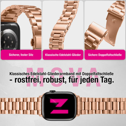 NALIA Mova Edelstahl Armband kompatibel mit Apple Watch Armband Series Ultra/SE 10/9/8/7/6/5/4/3/2/1, 42/44/45/46/49mm, Metall Ersatzarmband mit Doppelfaltschließe, Rostfrei