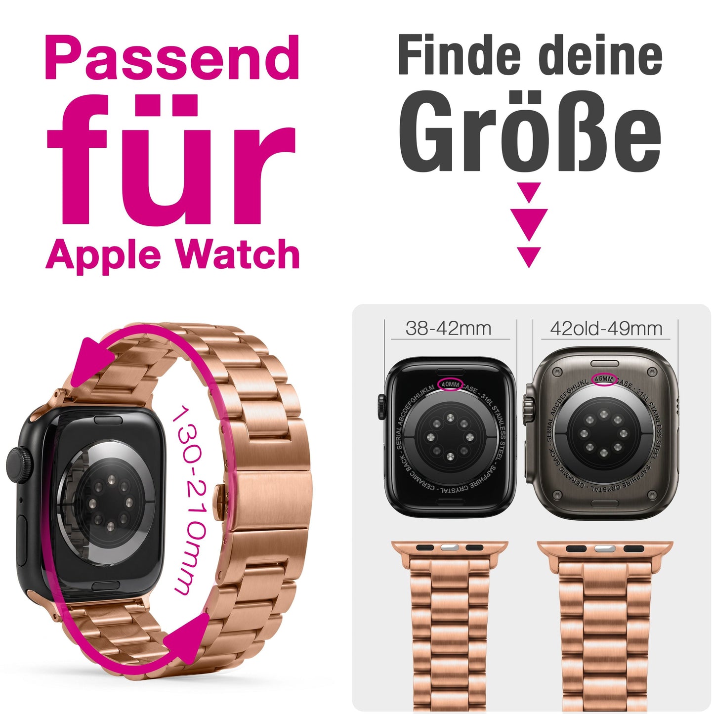 NALIA Mova Edelstahl Armband kompatibel mit Apple Watch Armband Series Ultra/SE 10/9/8/7/6/5/4/3/2/1, 42/44/45/46/49mm, Metall Ersatzarmband mit Doppelfaltschließe, Rostfrei