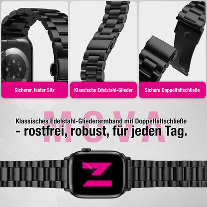 NALIA Mova Edelstahl Armband kompatibel mit Apple Watch Armband Series Ultra/SE 10/9/8/7/6/5/4/3/2/1, 42/44/45/46/49mm, Metall Ersatzarmband mit Doppelfaltschließe, Rostfrei