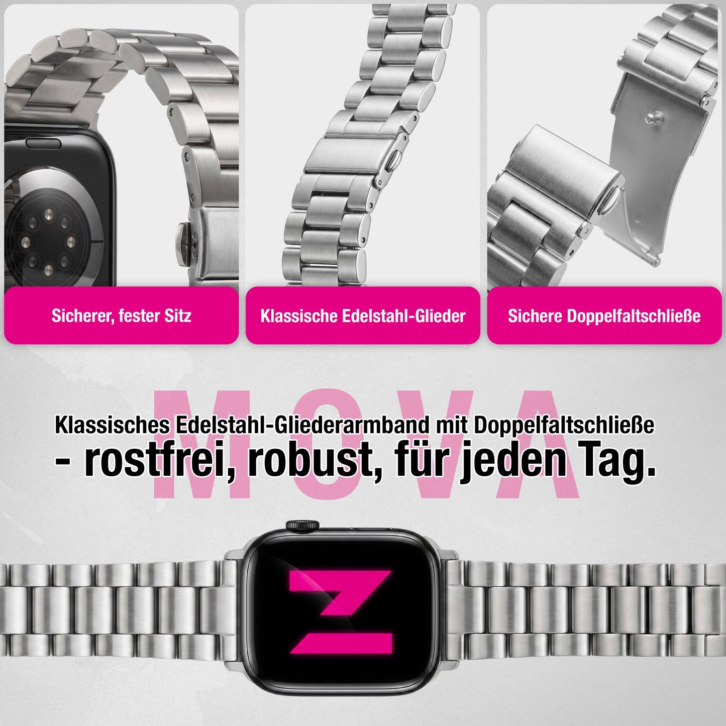 NALIA Mova Edelstahl Armband kompatibel mit Apple Watch Armband Series Ultra/SE 10/9/8/7/6/5/4/3/2/1, 42/44/45/46/49mm, Metall Ersatzarmband mit Doppelfaltschließe, Rostfrei