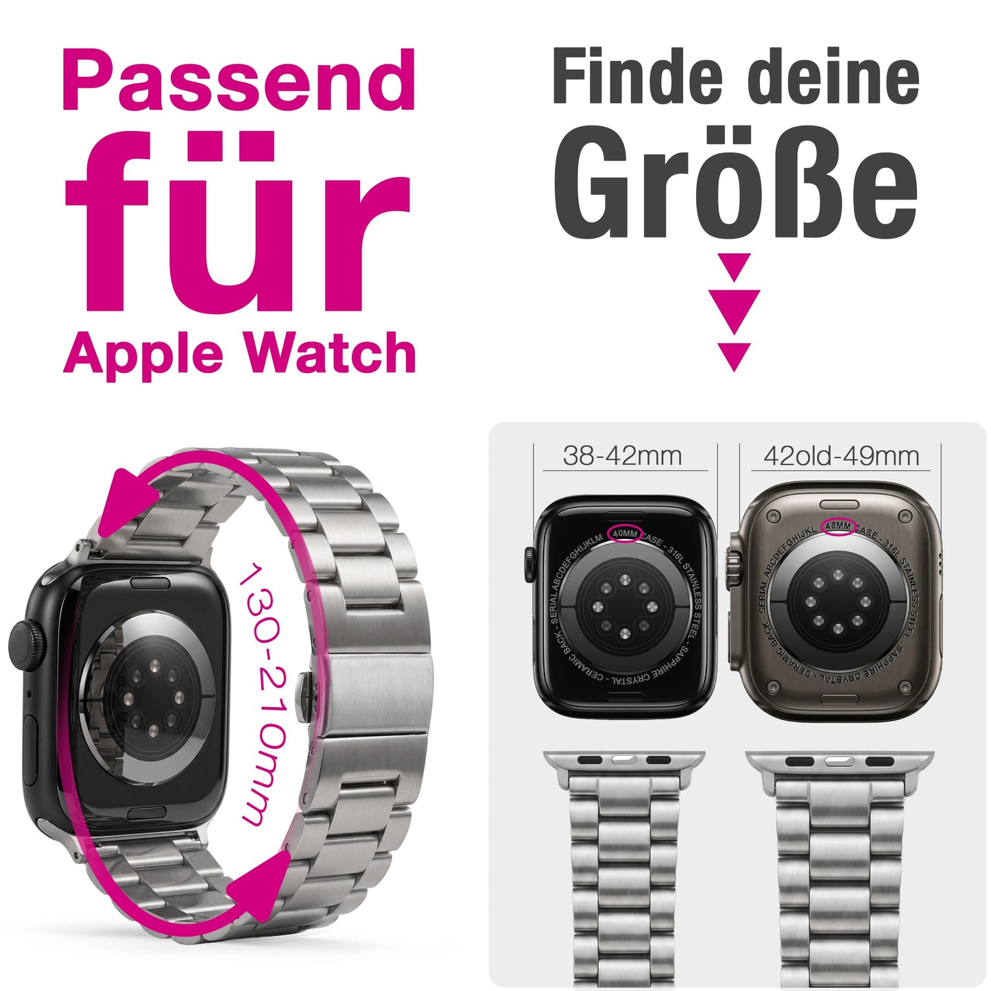 NALIA Mova Edelstahl Armband kompatibel mit Apple Watch Armband Series Ultra/SE 10/9/8/7/6/5/4/3/2/1, 42/44/45/46/49mm, Metall Ersatzarmband mit Doppelfaltschließe, Rostfrei