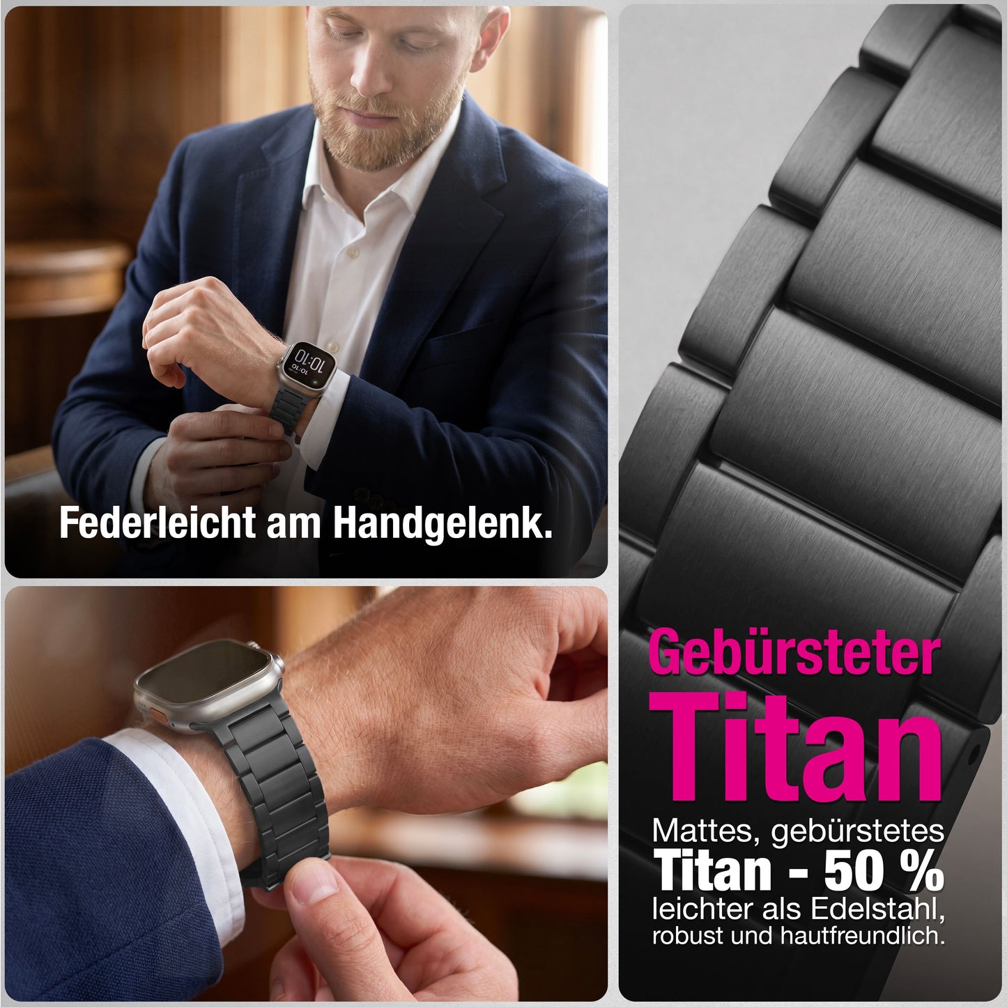 NALIA Argon Titan Armband kompatibel mit Apple iWatch Ultra/SE Series 10 9 8 7 6 5 4 3 2 1 42/44/45/46/49mm, Metall Ersatzarmband mit Doppelfaltschließe, Metallarmband Rostfrei
