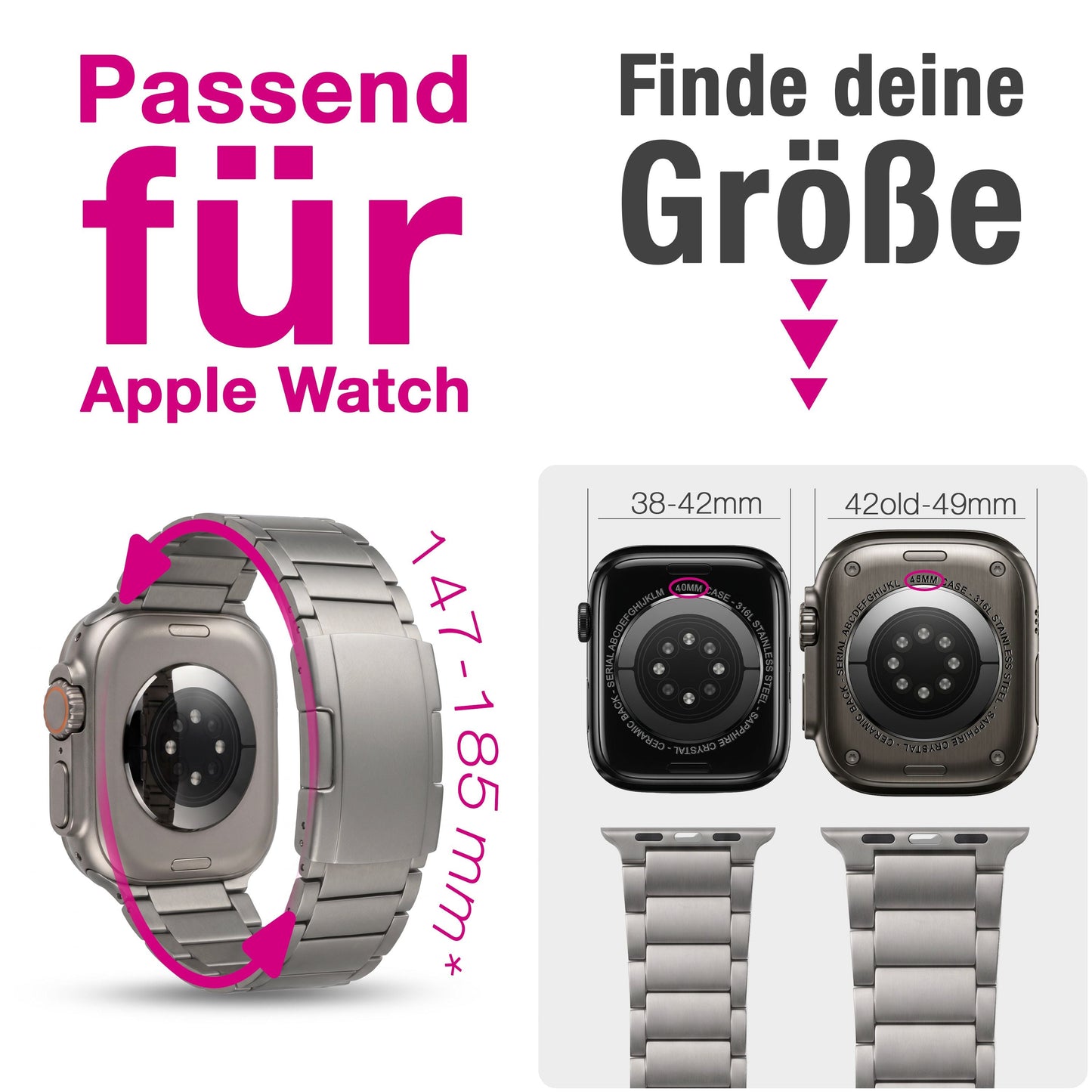 NALIA Argon Titan Armband kompatibel mit Apple iWatch Ultra/SE Series 10 9 8 7 6 5 4 3 2 1 42/44/45/46/49mm, Metall Ersatzarmband mit Doppelfaltschließe, Metallarmband Rostfrei