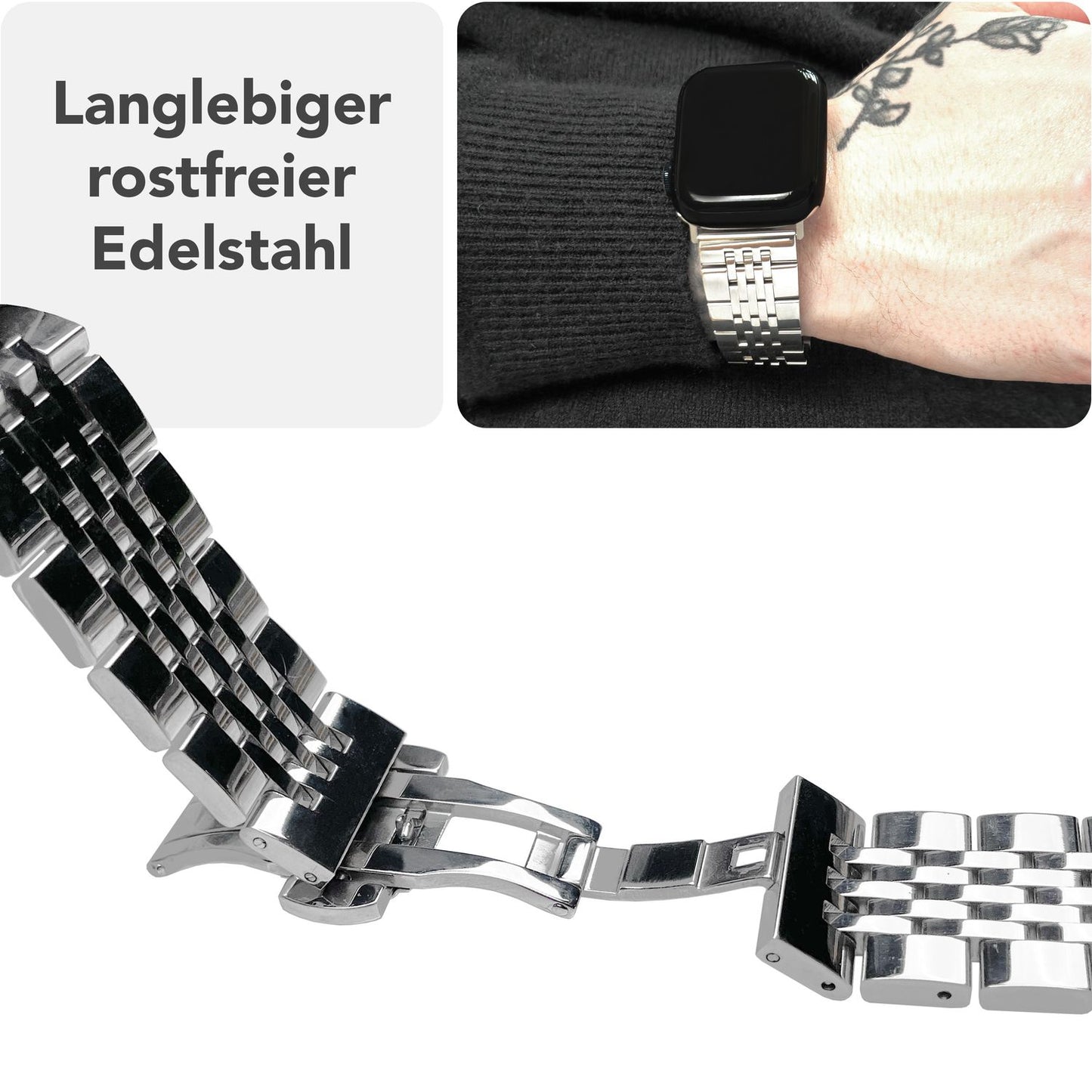 NALIA Trivo Edelstahl Armband kompatibel mit Apple Watch Armband Ultra/SE Series 10 9 8 7 6 5 4 3 2 1, 42/44/45/46/49mm, Ersatzarmband mit Schmetterlingsschließe, Rostfrei